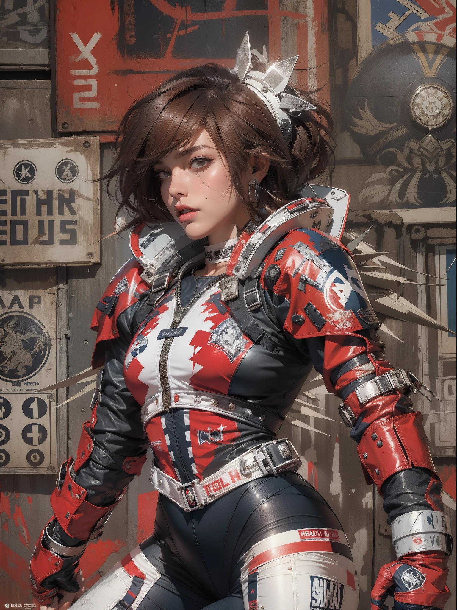 (((mulher))), (((melhor qualidade))), (((obra prima))), (((adulto))), (((1girl))), ((( corte de cabelo bob ))), Uma gladiadora cyberpunk mulher de 25 anos com corpo perfeito, shoulder pads with metal spines, Gladiadores do Brooklyn, (( corte de cabelo bob )), tiny leather panties, camiseta de time de rugby rasgada, quase nua no estilo selvagem urbano de Simon Bisley para a capa da revista Heavy Metal, Cabelo loiro curto, Minimum clothing, Metal protection on the left arm with intricate graphics, Dark red with white stars and white and navy blue checkerboard pattern, armadura, cheio de pontas e rebites, (((do joelho pra cima))), cabelos loiro branco curto, no fundo uma parede pintada por Shepard Fairey com um design intrincado