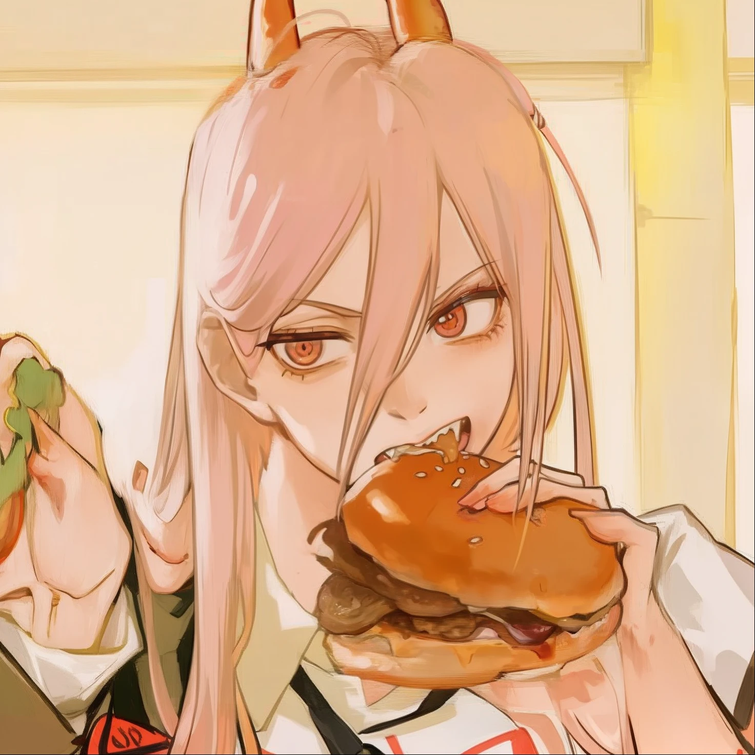 anime girl eating a hamburger with horns on her head, anime food, devours a hamburger, eating a burger, about to consume you, ❤🔥🍄🌪, haruno sakura, eating burgers, megumu okada, you being dragon food, eating a hamburger, kitava insatiable hunger, junko enoshima from danganronpa
