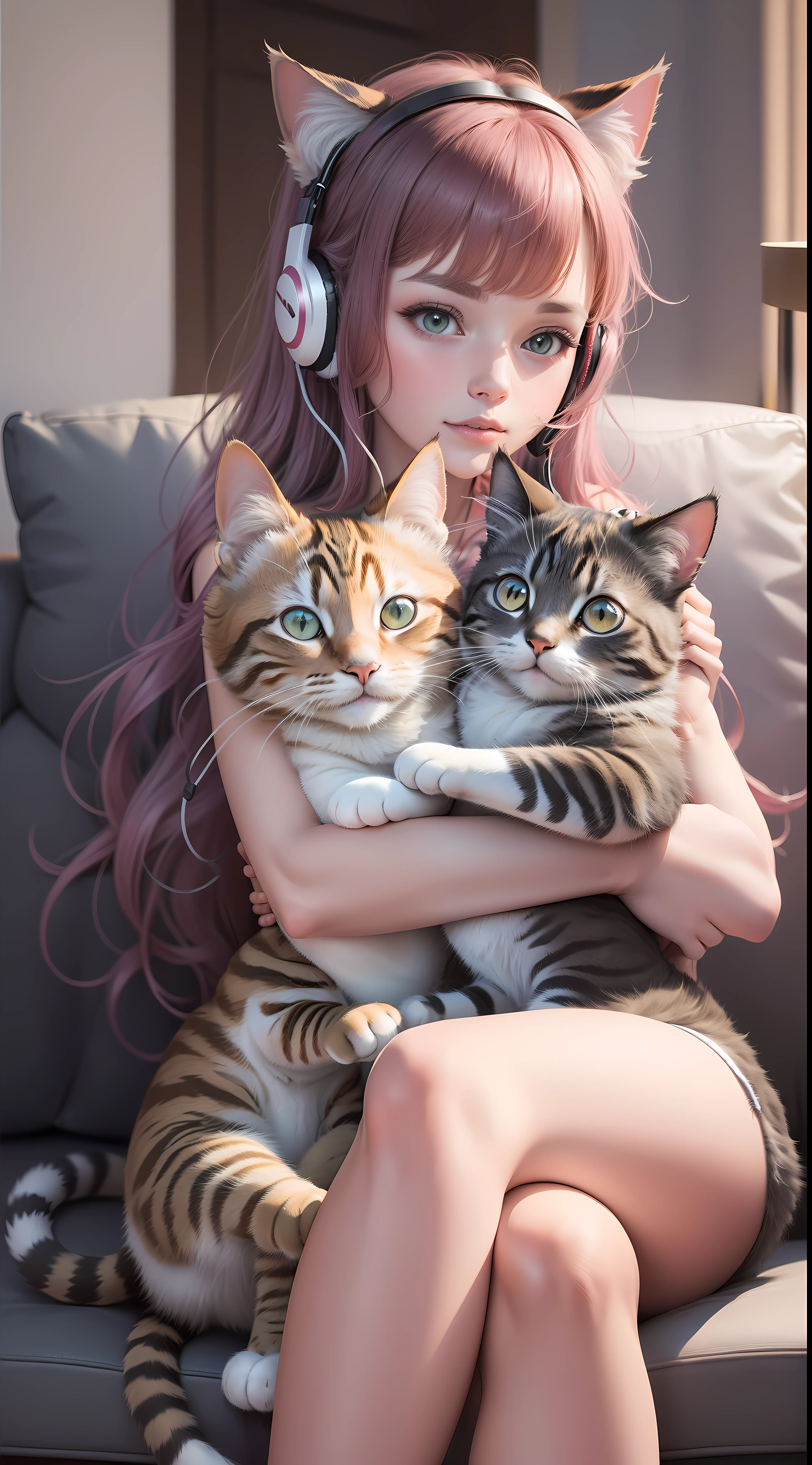 there is a woman sitting on a couch holding a cat, wearing cat ear headphones, very beautiful cute catgirl, attractive cat girl, big cheeks holding her cat, with small cat on lap, there is a cat next to her, cat ears on her head, girl with cat ears, she is holding a cat in her arms, woman with cat ears