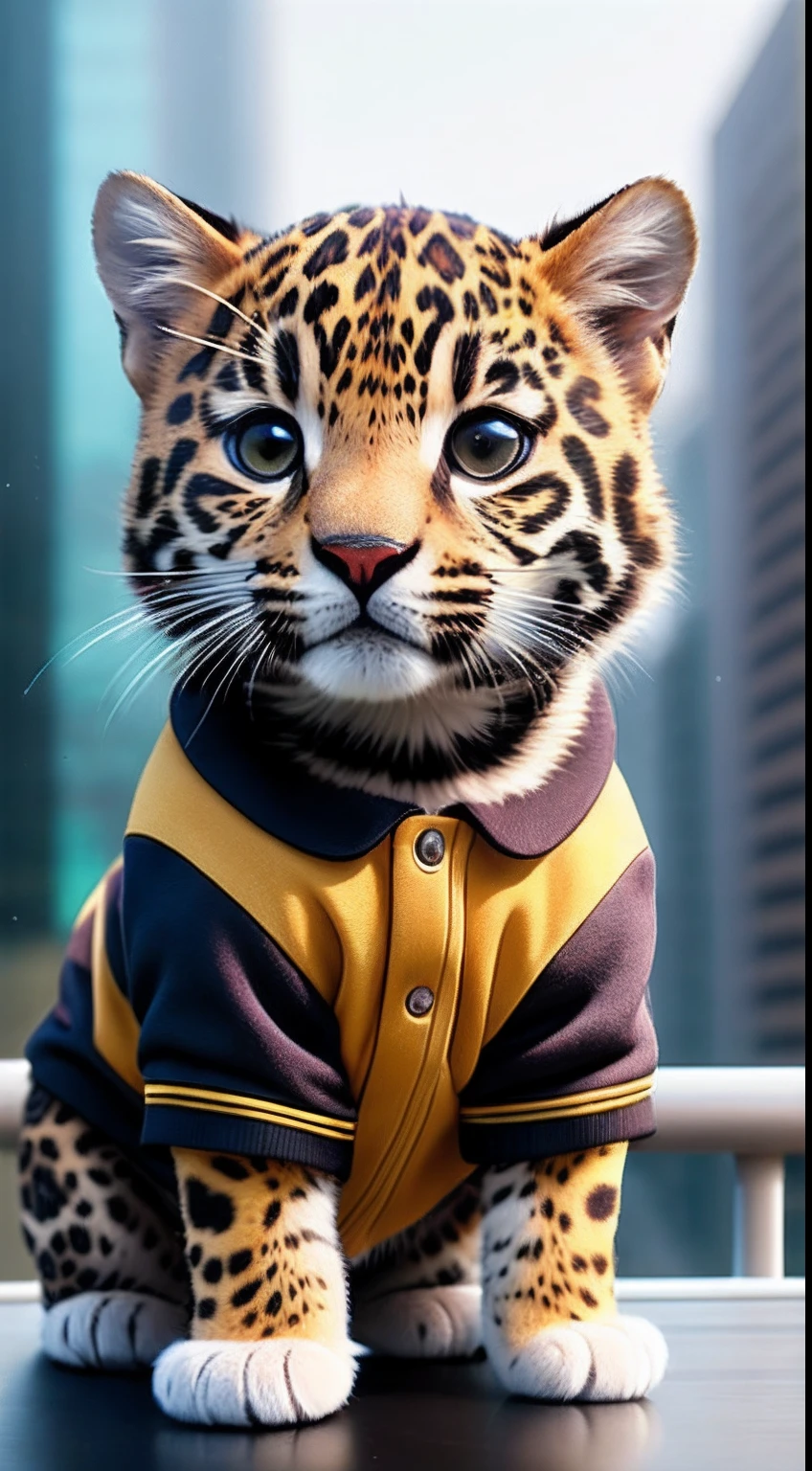A cute Kawaii tiny hyper realistic baby jaguar, wearing hip hop clothes, city background. wide angle full body, 8k, Cinematography, photorealistic,epic composition Unreal Engine,Cinematic, Color Grading, Portrait Photography,Ultra-Wide Angle, Depth of Field, hyper detailed _SamDoesArt2_, photorealistic, realistic, photorealistic, best quality, super high resolution, beautiful, masterpiece, best quality, perfect lighting, best quality, super high resolution, photo realistic, super detailed, masterpiece, best quality,