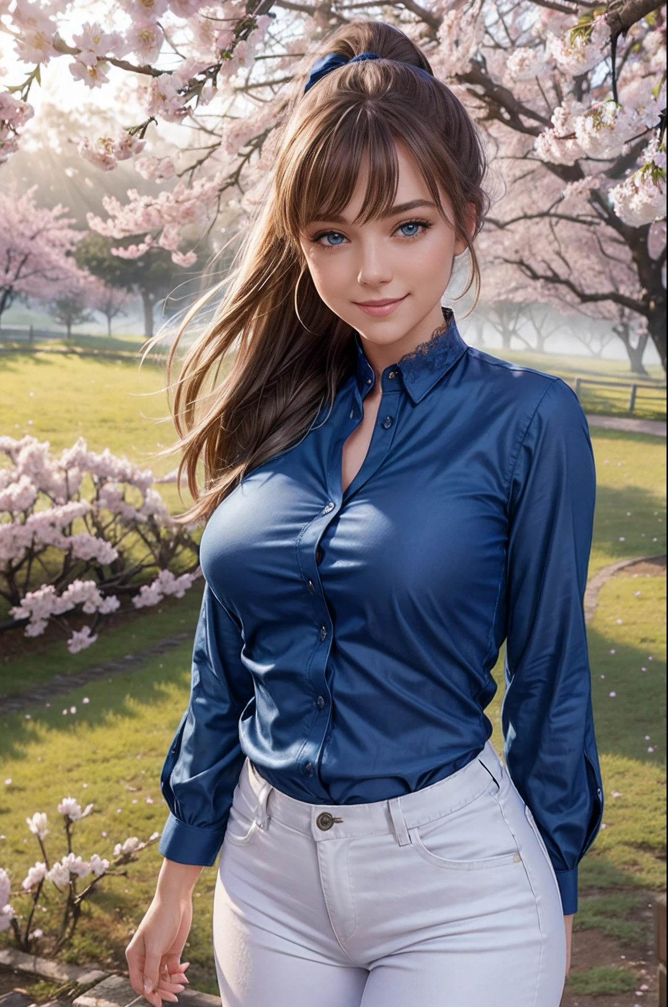 Masterpiece, very beautiful woman, perfect body, wearing a lace (deep blue shirt :1.3) with lace extremely detailed, wearing a white jeans, posing for photo, smiling seductively, excited, ponytail dark blonde hair, round face, big green eyes, glitter eyes, slight curvy details, Perfect small Round titts, without bra, in a Japanese park, cherry blossoms, on the side from a tree, spring day, falling flowers, sunrise light, volumetric sun light, fog, sunbeams