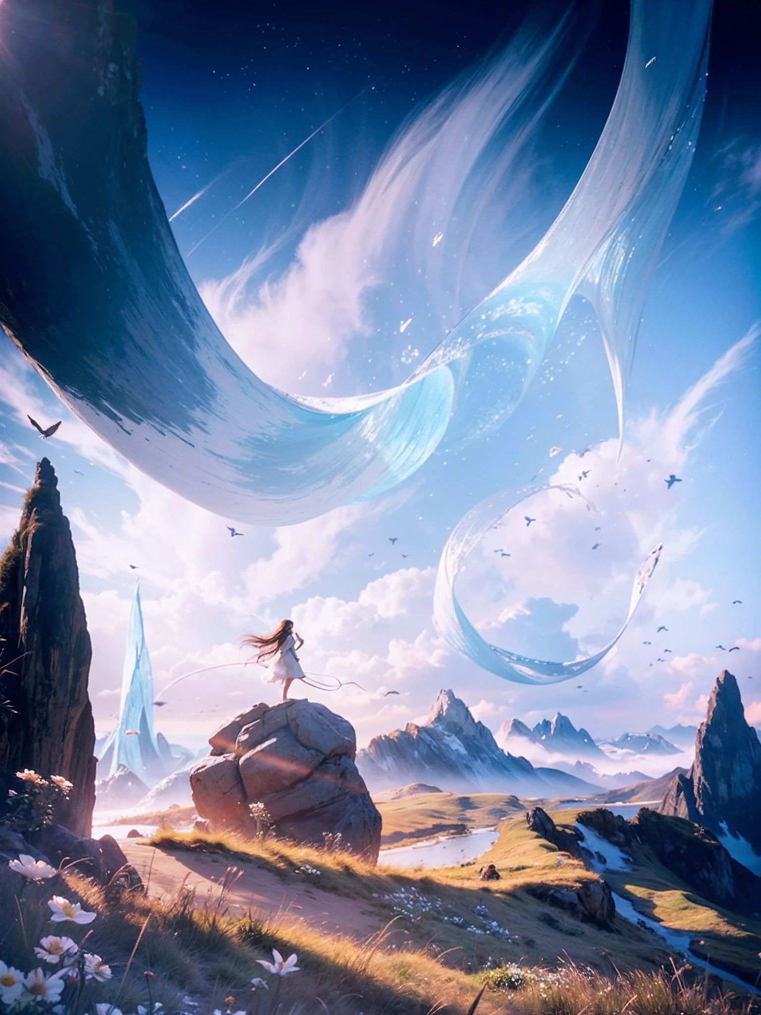 lanscape, 8k potrait of realistic beautiful landscape with human standing in top of climb, intricate, elegant, realistic depth of field photography, perfect natural lighting (masterpiece, sidelighting, finely detailed beautiful lanscape), long hair, realistic lots of hair, realistic suit, realistic mountain, realistic sky, beautiful sky, ray of light, rule of third photography, point of interest photography, perfect lanscape color tone, realistic river, realistic stone, realistic flower, realistic grass, realistic climb, realistic tree,