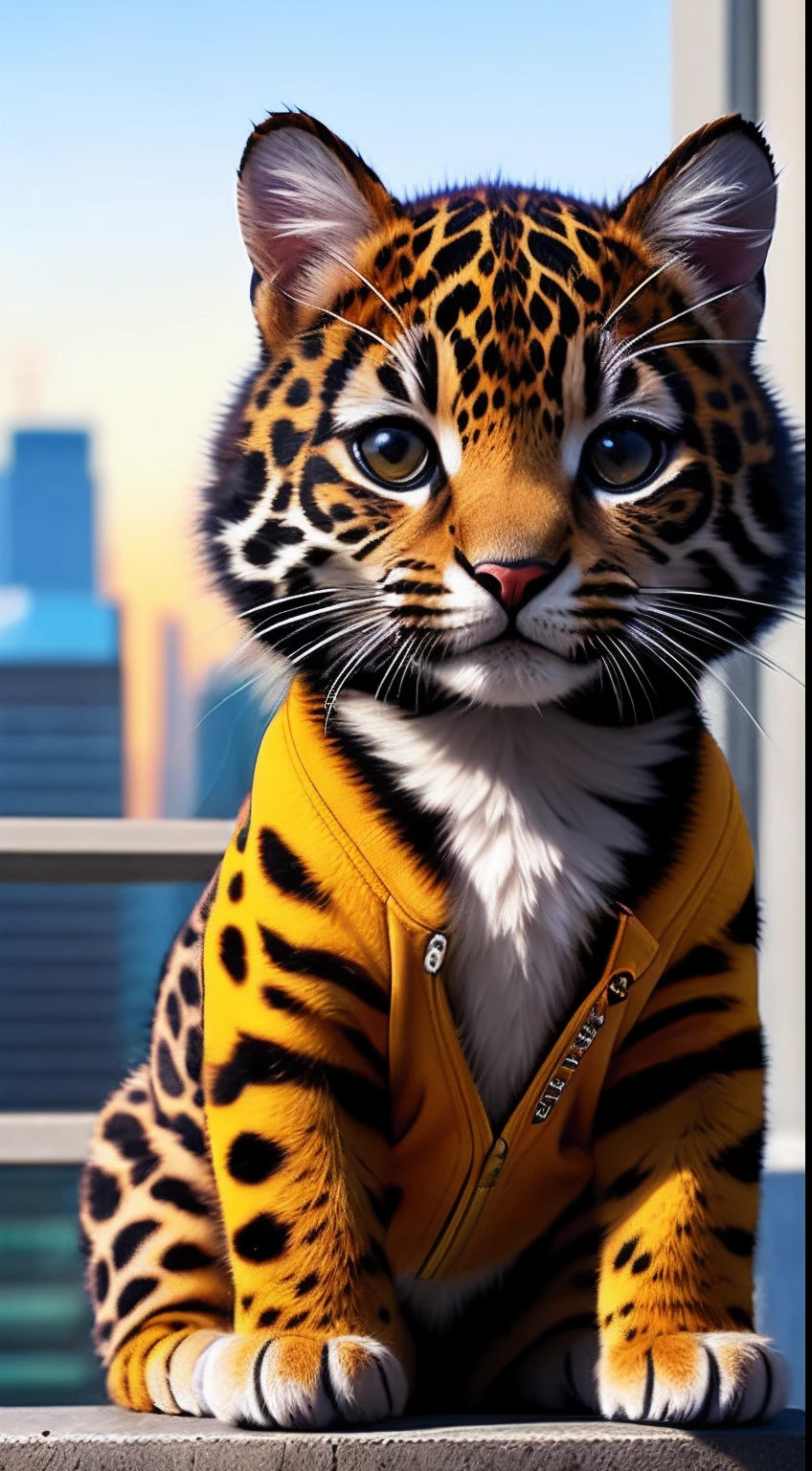 A cute Kawaii tiny hyper realistic baby jaguar, wearing hip hop clothes, city background. wide angle full body, 8k, Cinematography, photorealistic,epic composition Unreal Engine,Cinematic, Color Grading, Portrait Photography,Ultra-Wide Angle, Depth of Field, hyper detailed _SamDoesArt2_, photorealistic, realistic, photorealistic, best quality, super high resolution, beautiful, masterpiece, best quality, perfect lighting, best quality, super high resolution, photo realistic, super detailed, masterpiece, best quality,