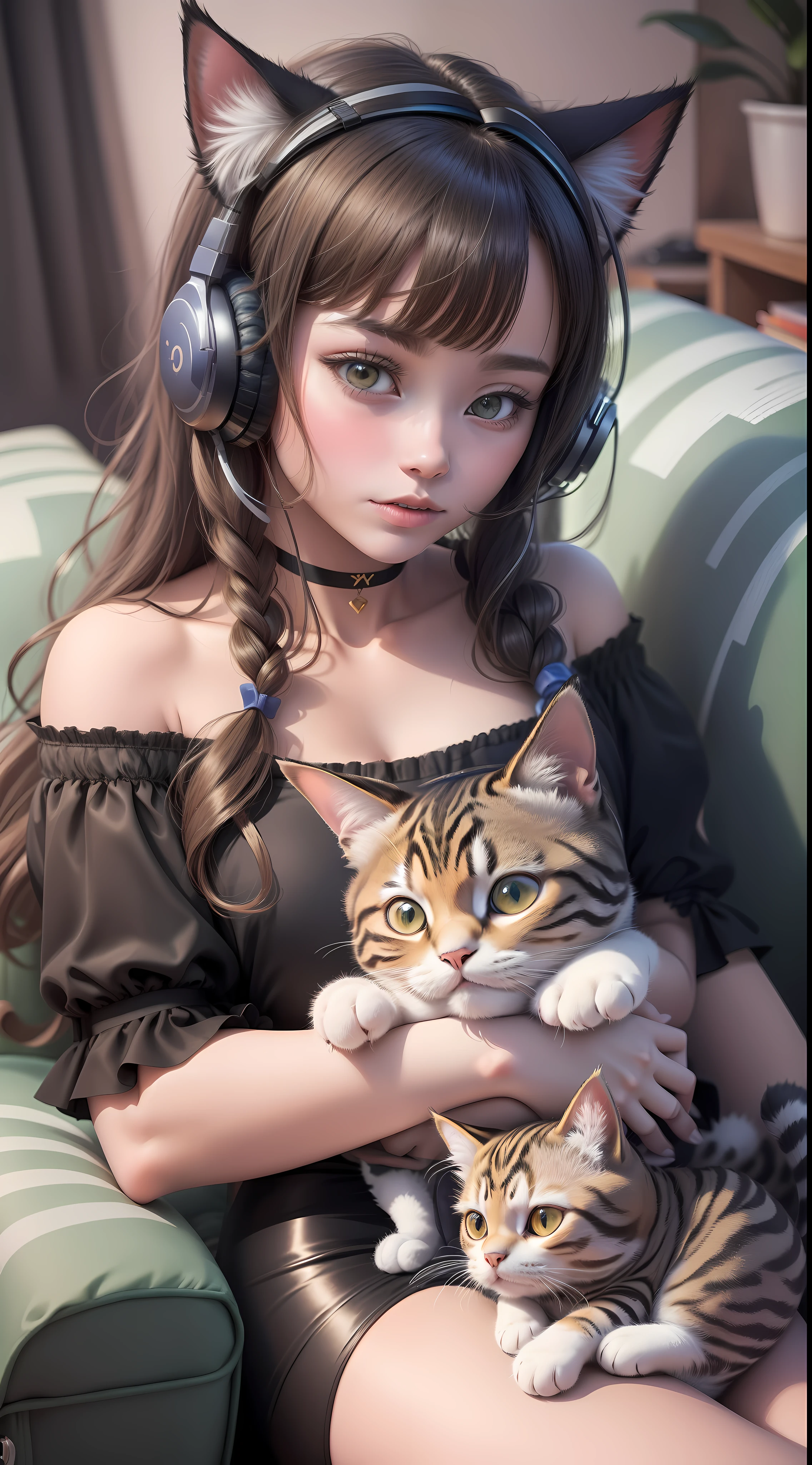 there is a woman sitting on a couch holding a cat, wearing cat ear headphones, very beautiful cute catgirl, attractive cat girl, big cheeks holding her cat, with small cat on lap, there is a cat next to her, cat ears on her head, girl with cat ears, she is holding a cat in her arms, woman with cat ears