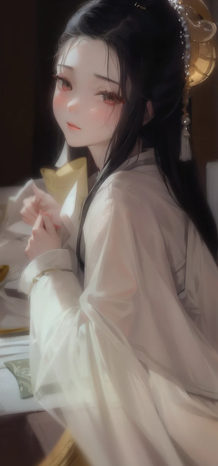 Greedy woman in white dress sitting on bed, Palace , A girl in Hanfu, White Hanfu, Wearing ancient Chinese clothes, with acient chinese clothes, pale milky white porcelain skin, Hanfu, gorgeous chinese models, Chinese girl, Soft ethereal lighting, a stunning young ethereal figure, pale snow-white skin, soft light from the side
