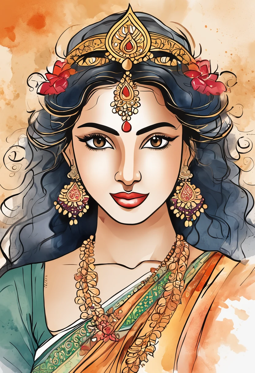 A detailed 2d vector illustration of a young Asian Bengali woman in her 20s, wearing a saree and resembling the goddess Durga, with dark eyes, long wavy black hair, a confident posture, and a joyful expression.