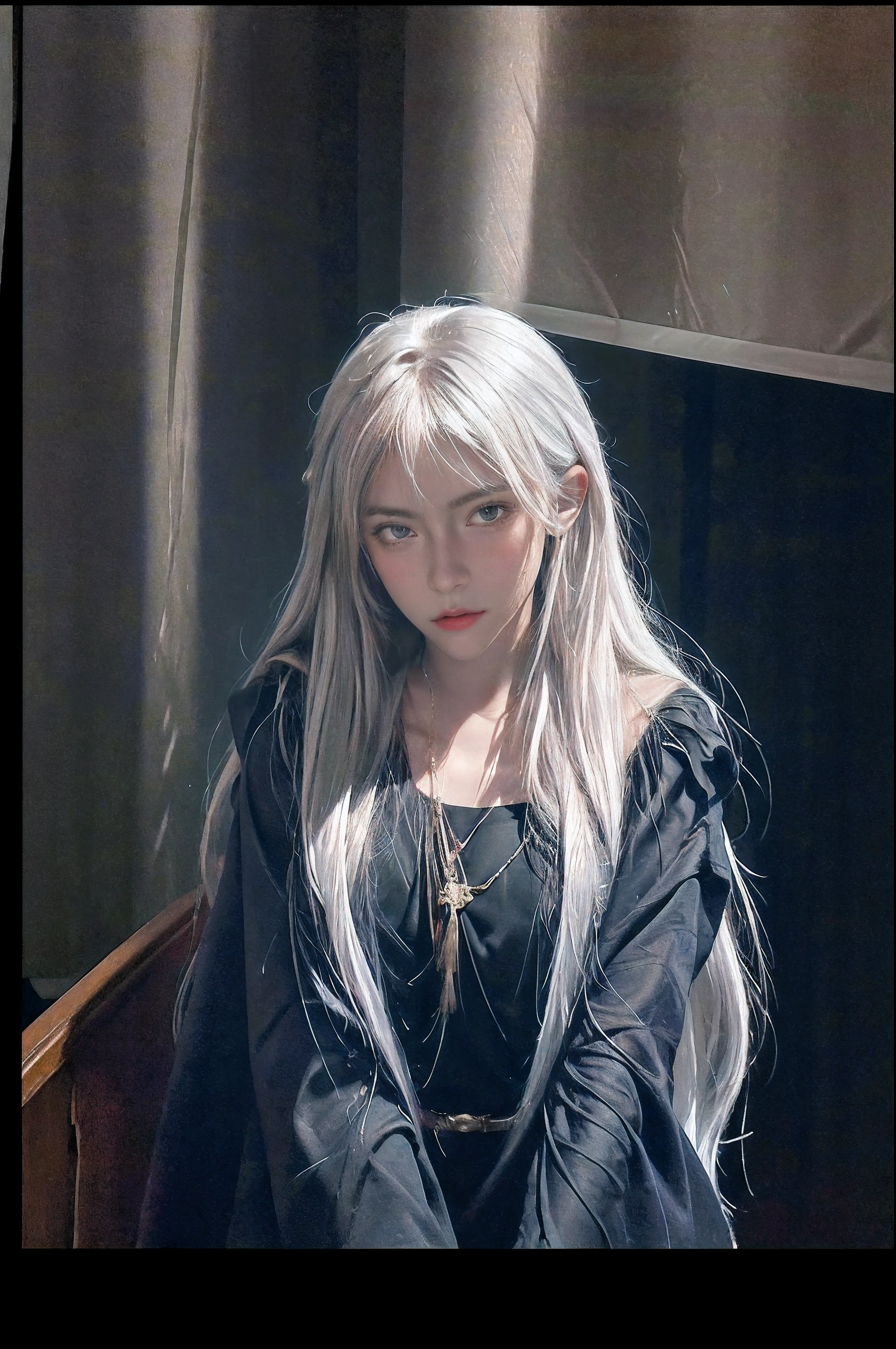 (front focus), (in the dark:1.6), Hyperrealist portrait of female by david hockney and alphonse mucha, fantasy art, photo realistic, dynamic lighting, artstation, poster, volumetric lighting, very detailed faces, 4 k, award winning, 1girl, in the dark, deep shadow, low key, cowboy shot, (official clothing:1.4), long hair, white hair
