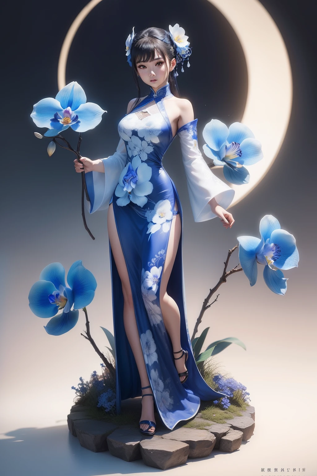 Blue，an orchid flower，woman，Excellent figure，Wear ceramic clothes，Wearing a Tang costume，(((The clothes are made of ceramics)))
