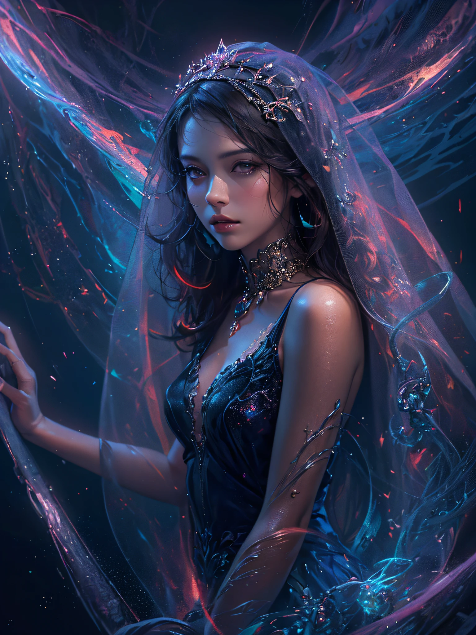(official art, unity 8k wallpaper, ultra detailed, beautiful and aesthetic, masterpiece ,best quality, photorealistic:1.3), (a beautiful woman in a see-through navy dress:1.3),(veil of light, Veil with light particle effect:1.2), (fractal art:1.2) , (dynamic angle), (black and purple background, darkness, rainbow-colored aura floating in the darkness:1.3), (shiny skin), elegant, realistic style with fantasy elements , charming realistic characters, shiny skin, Surrealism,