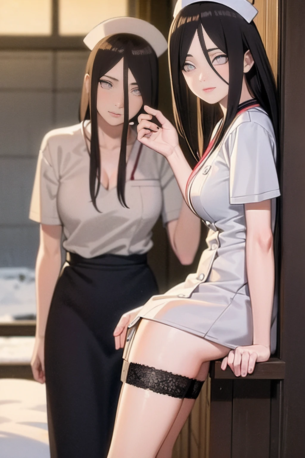 Masterpiece, Highly detailed, Best quality, 超高分辨率, 1girll, Solo, （Snow outside the window，By the fire，perspire，Be red in the face），(Medium breasts), Breasts, (Hana than Hinata:1), （In a hospital，hospital bed），(Nurse's uniform，Long black stockings，stooped，Leaning your hands against the wall), cleavage, From the front side，are standing，Black eyes