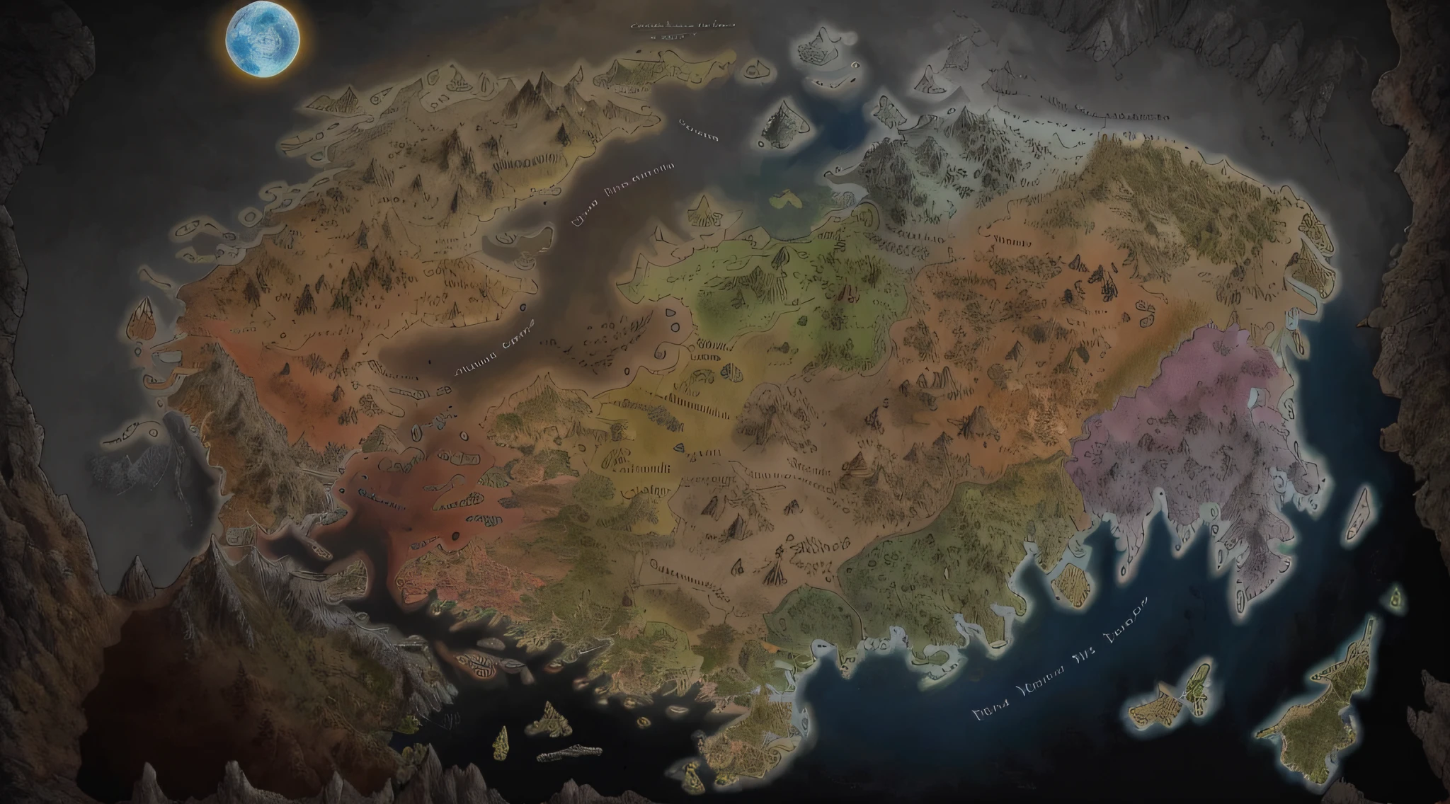 Close-up of world map with many different colors, ancient fantasy regional map, Detailed fantasy map details，Terrain details, Land of advanced races, facing worlds map, steam workshop maps, Fantasy world map, Battle of Warcraft, highly detailed map, Detailed map, Fantasy map, Fantasy map, map of fantacy world, ancient map, Show the kingdom，Sharp and clear boundaries