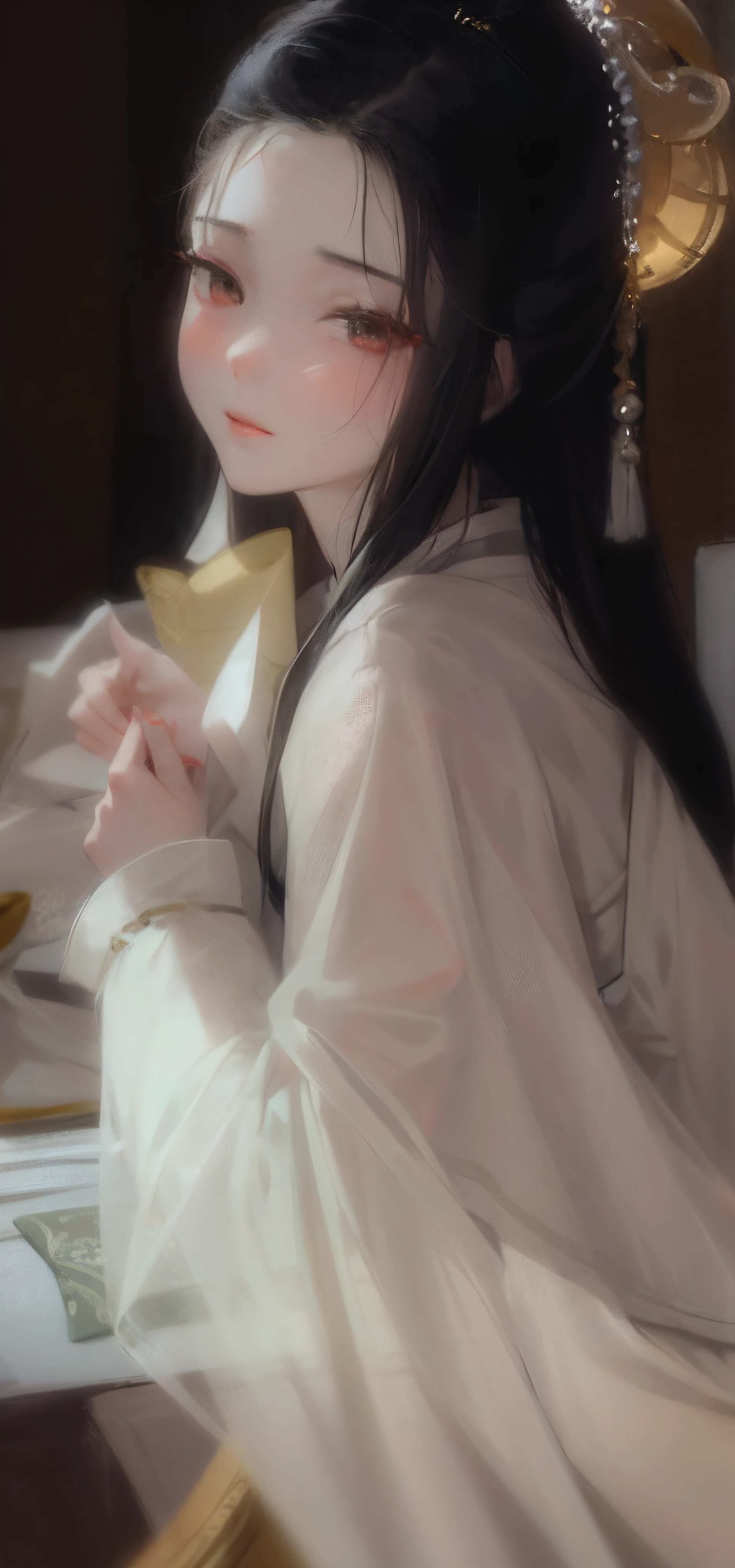 Greedy woman in white dress sitting on bed, Palace ， A girl in Hanfu, White Hanfu, Wearing ancient Chinese clothes, with acient chinese clothes, pale milky white porcelain skin, Hanfu, gorgeous chinese models, Chinese girl, Soft ethereal lighting, a stunning young ethereal figure, pale snow-white skin, soft light from the side