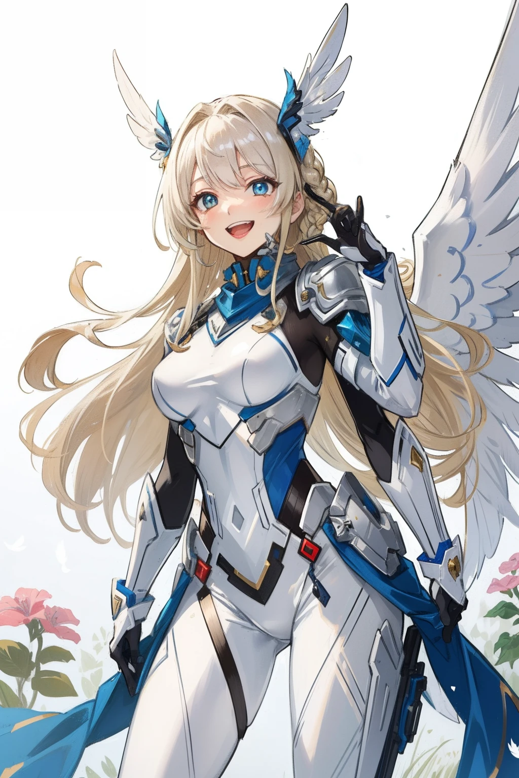 (master piece, Best Quality), Intricate details, valkyrie, kawaii, Happy, (((Laugh))), Villainous smile, Hand up, Looking at Viewer, Feather Headgear, Flower meadow,
1 girl in, Solo, Portrait, Tentacle Plutinum Blonde Hair, drooping ivory eyes, Silver Single Thigh, White Independent Single Sleeve, gloves, Single braid,
mecha musume, White bodysuit, Silver Reinforced Suit, Mini Feather Wing, silver pantyhose, full armor, flower decoration, equip sword,