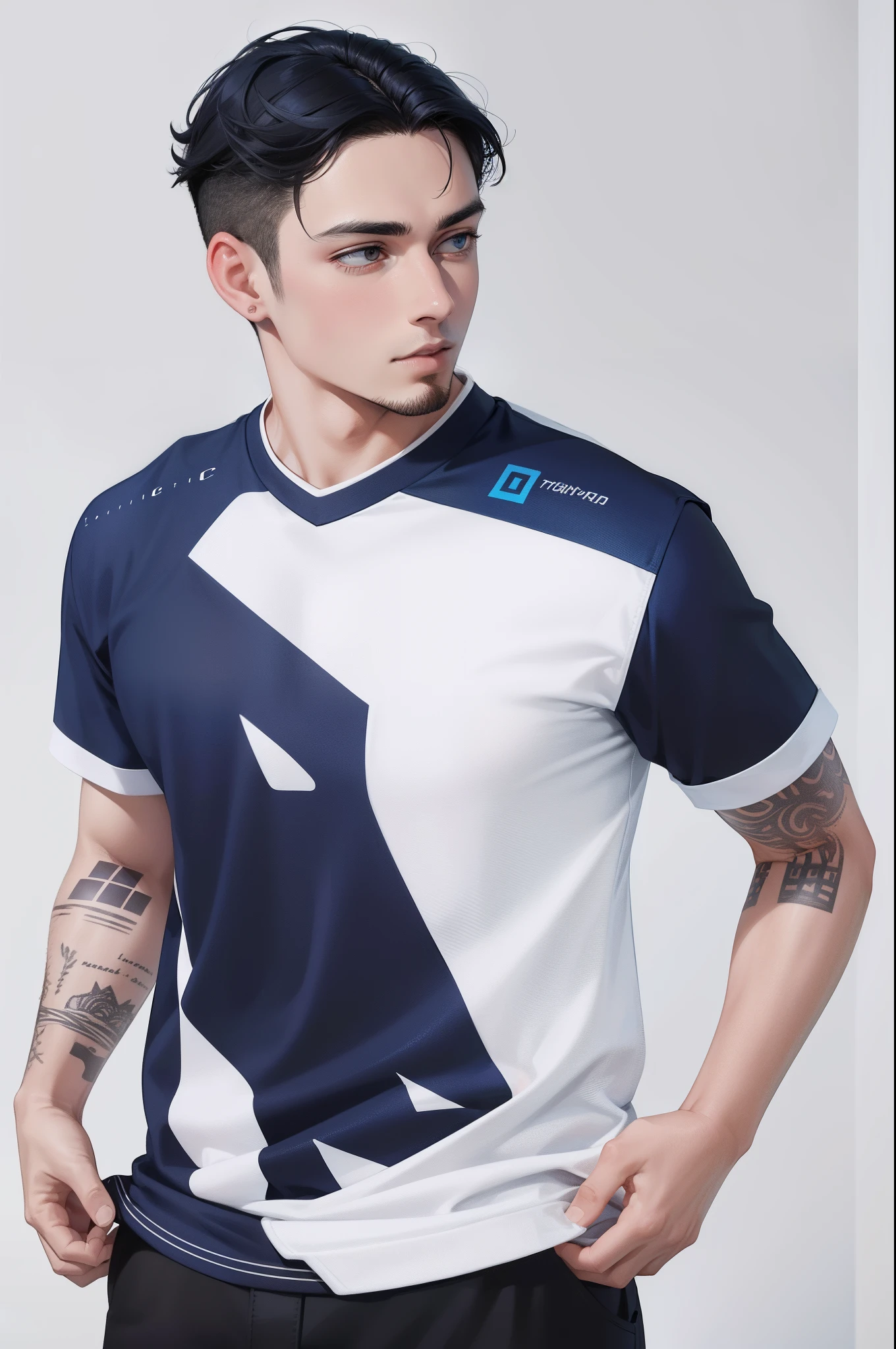Attractive profile picture, masterpiece, ultra-precise rendering, beautiful and cool young man, trustworthy, dependable young man, savior of the world, simple design, most beautiful image, 4K, blue black hair, sixpack body, medium facial hair, v neck jersey