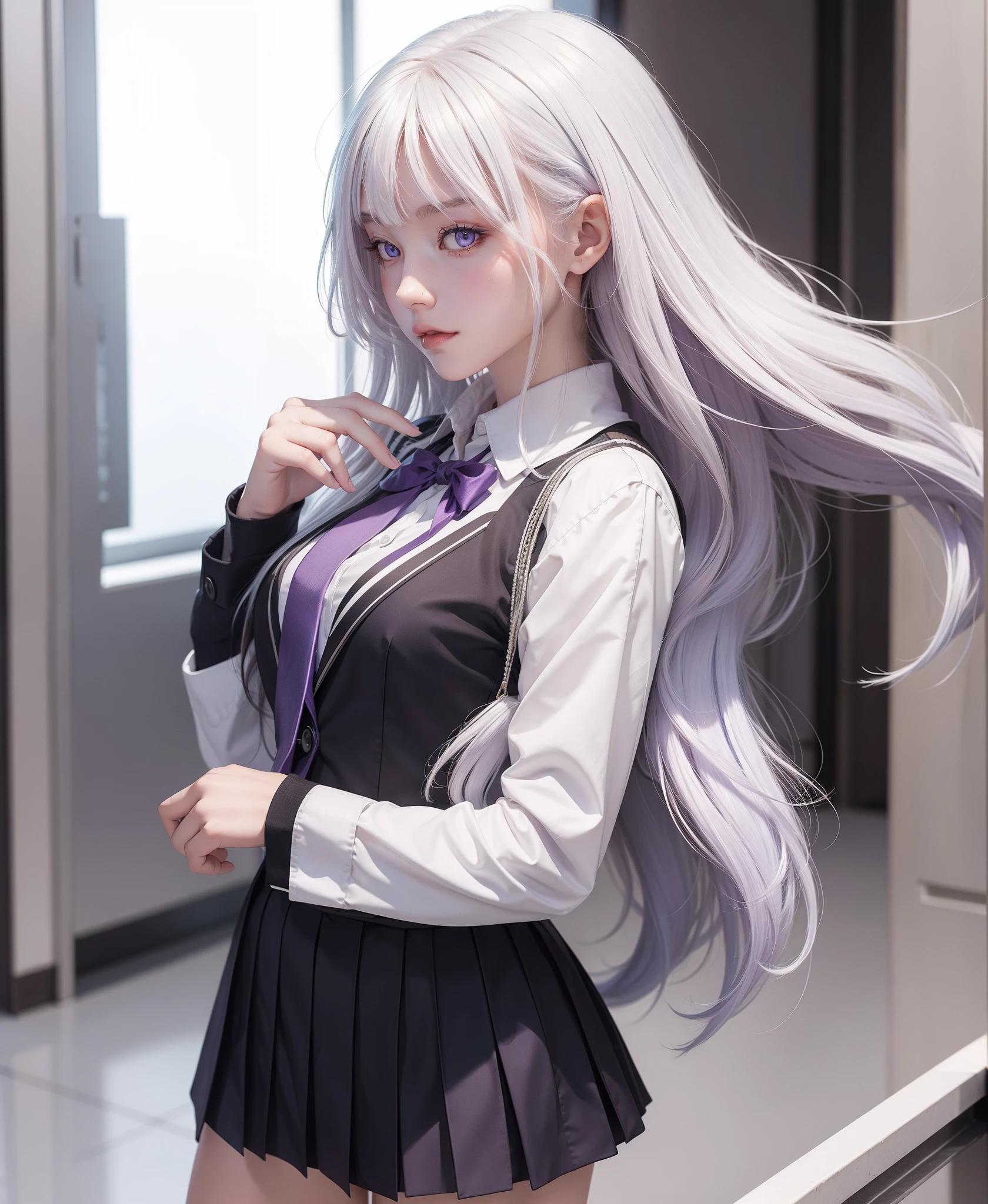 A girl is standing and wearing school uniform, beautiful and have a perfect body figure, sexy and have a white colour hair and purple colour eyes