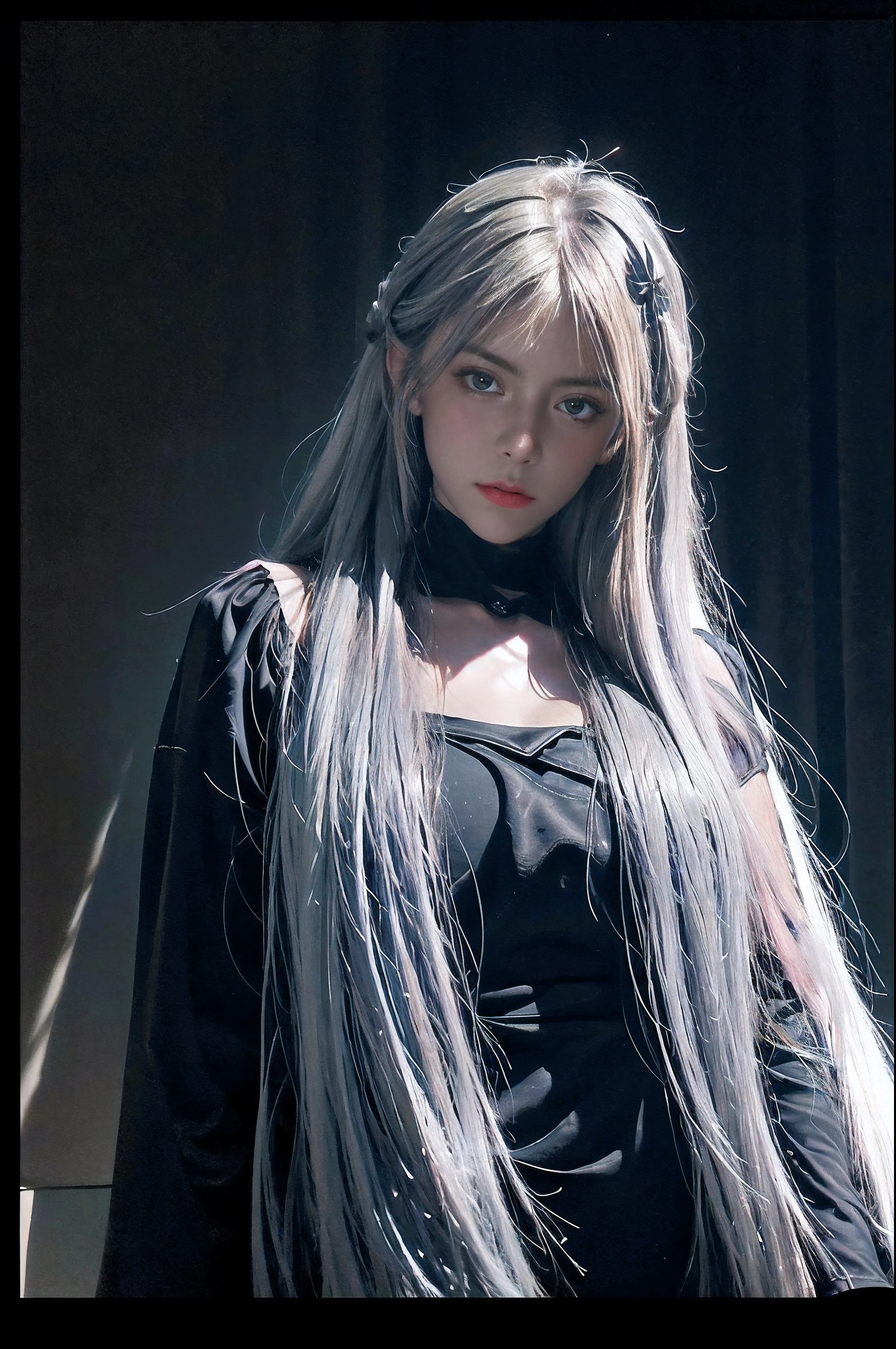 (front focus), (in the dark:1.6), Hyperrealist portrait of female by david hockney and alphonse mucha, fantasy art, photo realistic, dynamic lighting, artstation, poster, volumetric lighting, very detailed faces, 4 k, award winning, 1girl, in the dark, deep shadow, low key, cowboy shot, (official clothing:1.4), long hair, white hair