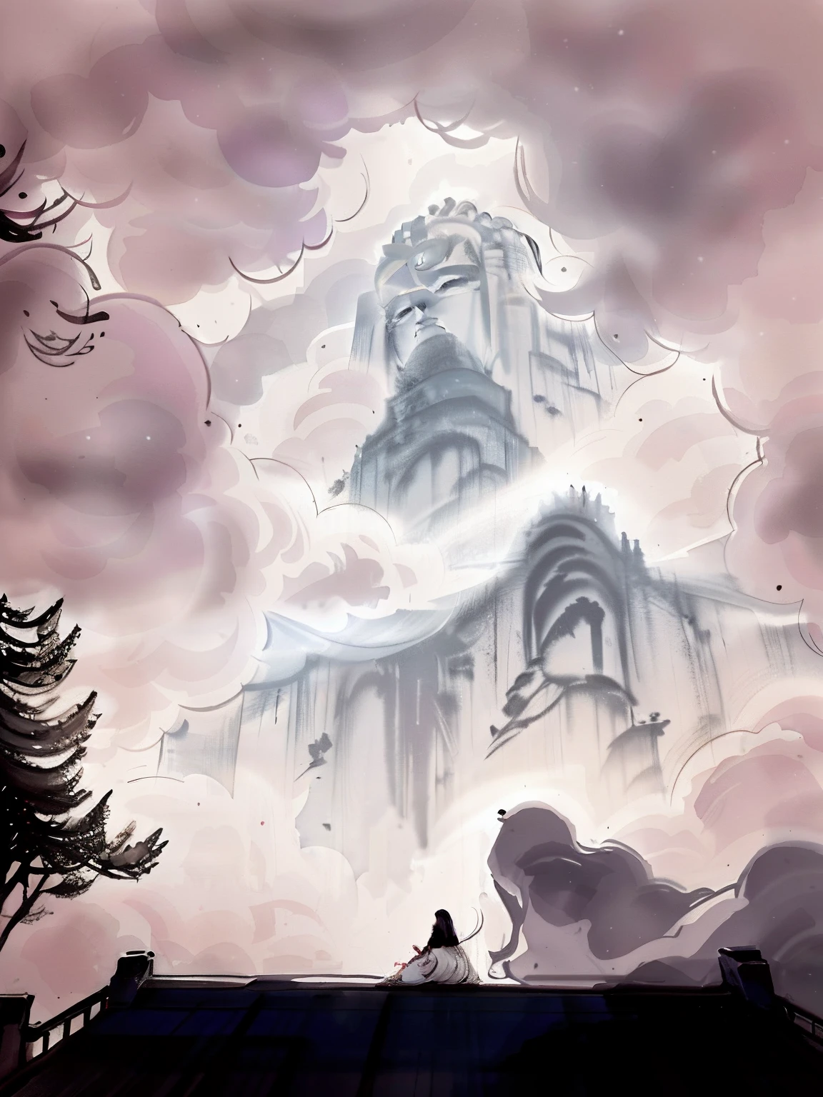 On both sides of the mountain, there are large Buddha-like human faces。The little nun stood up,Wearing ancient white robes。