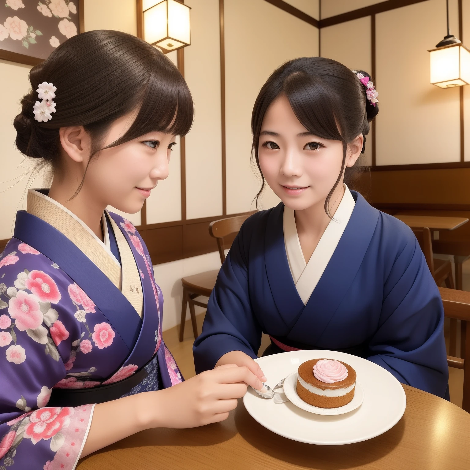 A girl from the Taisho era in Japan、Sit in an old-fashioned café,Drink coffee and eat cake、Lace、realisticlying、Comely、Lovely、Beautiful、ssmile