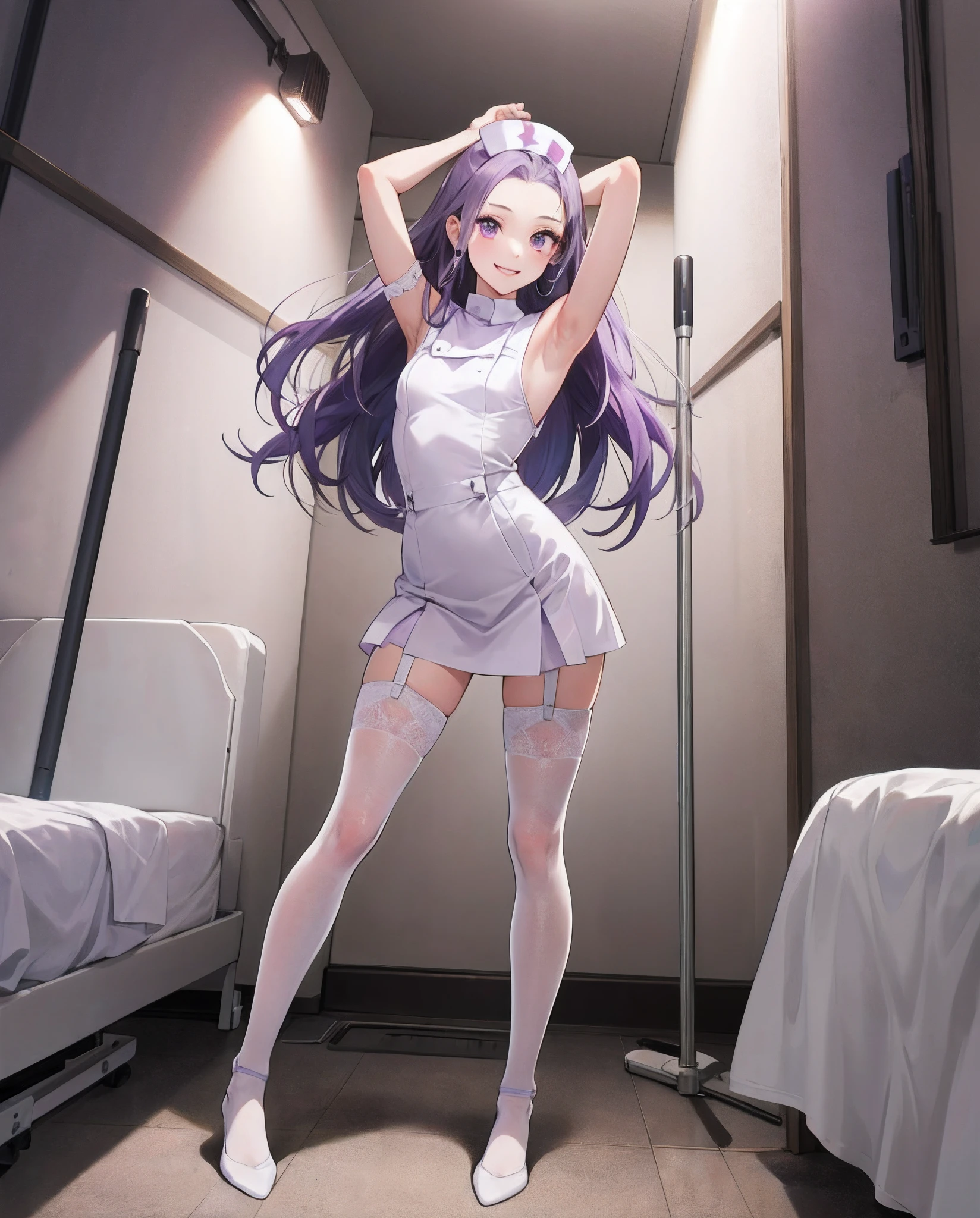 16 K,{{{masutepiece}}}, {{{Best Quality}}}, {{Ultra-detailed}}, {Illustration}, {{extremely delicate and beautiful}}, ((1 Girl Who Wants )), (((Corners of the forehead+++))), (()), ((Purple Eye)), Very smile, Full body, Small breasts, ((long hair with dull bangs of purple color,)), (with arms up), Armpit focus, ((((Very open stance+++)))),curvy body, ((White nurse)), ((White Nurse Dresswear+++)), ((((())))), (((White garter belt))),Hospital room