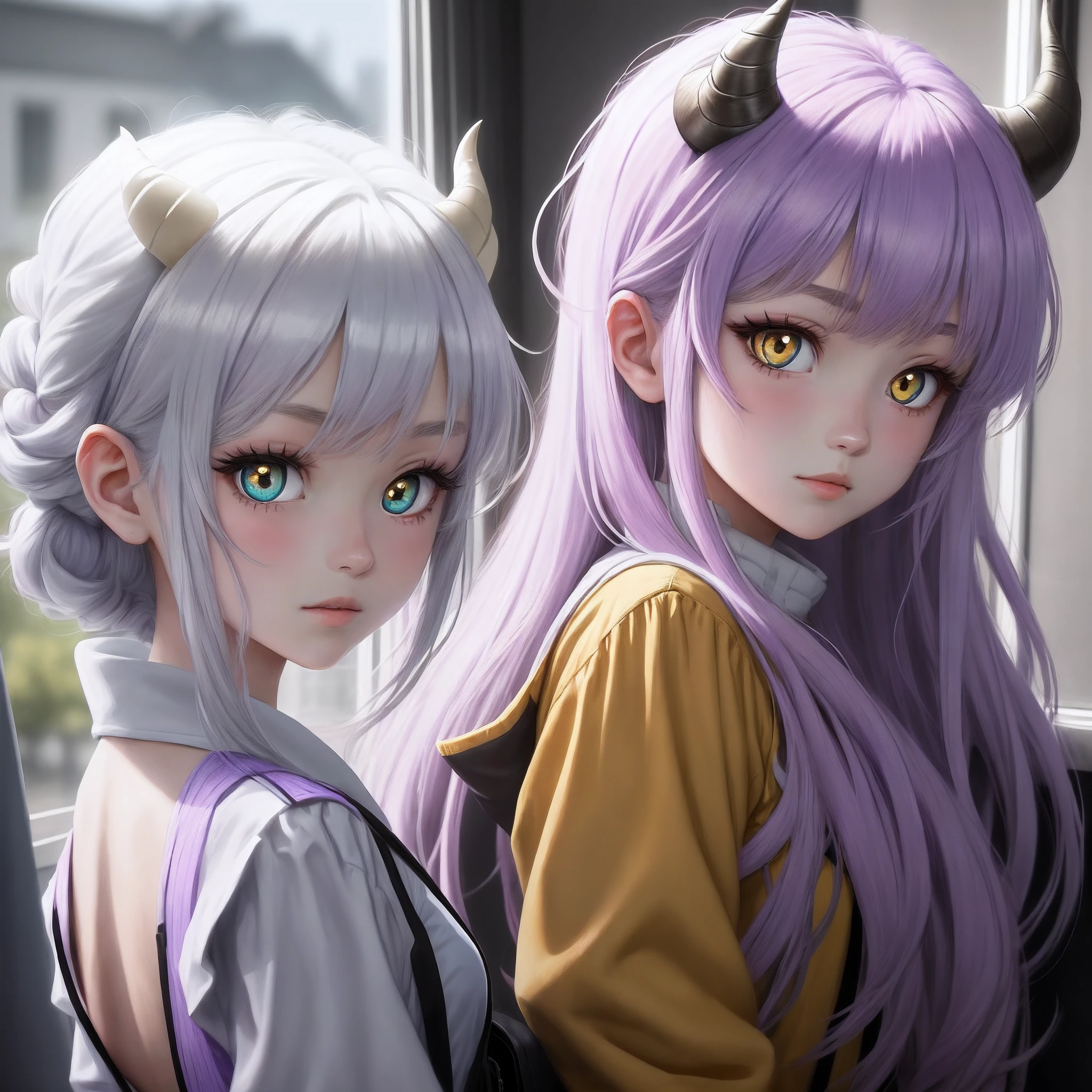 whaite hair,s girl,demon king,White horns,Yellow-purple pupils,white colored eyelashes,Two-dimensional anime,The light from the back window is backlighted