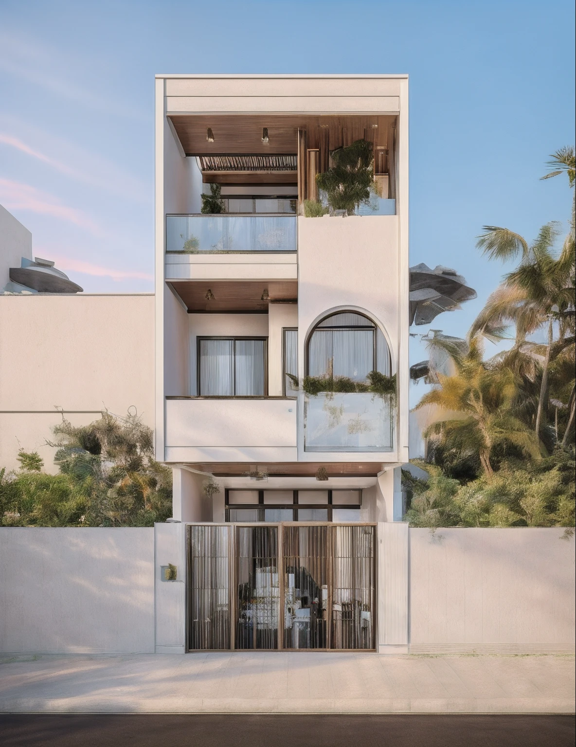 RAW photo,Masterpiece, high quality, best quality, authentic, super detail, exterior,  one villa style modern on the mountainside , (Modern minimalist lines:1.2),(white wall:1.1), railing glass, glass windows,trees, grass, ((sunset)), sky, vivid colour, (high detailed :1.2), 8k uhd, dslr, soft lighting, high quality, film grain, Fujifilm XT3