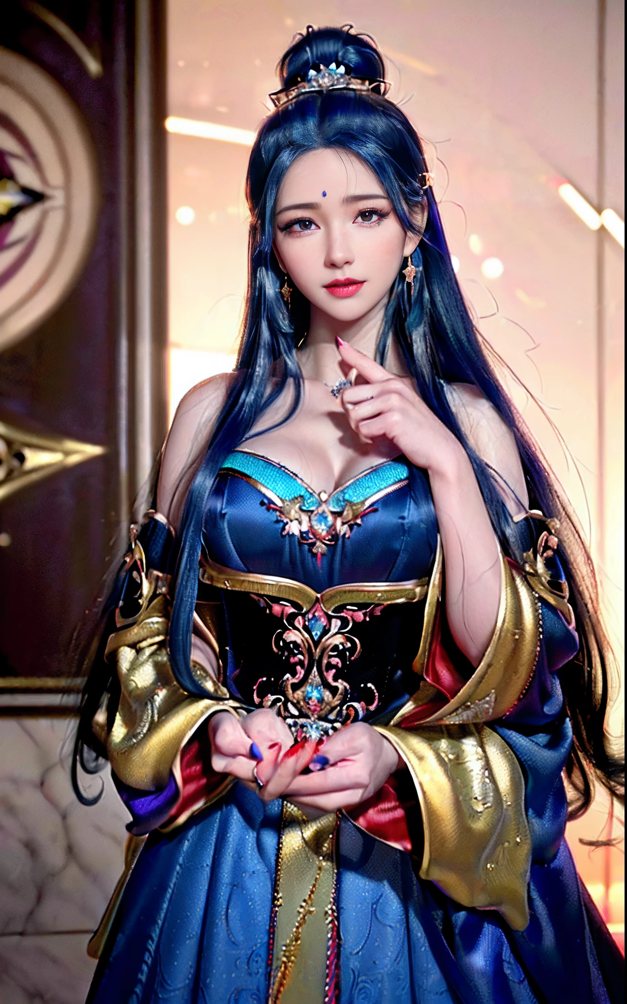 ((realisticity: 1.2)), ((realistic: 8K UHD)), ((best resolution: 8K UHD)), hyper detailed, best quality,masterpiece,highres,cg, ((1 girl hyper detailed and hyper realistic) ) , ((beautiful queen, hyper realistic and hyper detailed)),((white skin, beautiful, smooth, youthful, hyper realistic and hyper detailed )), ((Face hyper beautiful, white, hyper realistic and hyper detailed ) ), long hair, ((hyper realistic and hyper detailed dress)), solo, ((hyper realistic, hyper beautiful, beautiful and hyper detailed jewelry)), ((hyper beautiful deep red and golden yellow dress, hyper realistic and hyper detailed )) , ((Her pretty, hyper realistic, hyper detailed diamond filled earrings)), ((Her gorgeous diamond haircut, hyper realistic and hyper detailed)), ((hyper pretty upper body, hyper beautiful, hyper realistic and hyper detailed) ), ((medium breast: 1.1)), ((hyper realistic, hyper pretty, hyper detailed boobs)), ((the backgroun of the royal palace is hyper majestic, hyper realistic and hyper detailed)),((hands and palms hyper beautiful, hyper detailed, hyper realistic)), ((hyper detailed and hyper realistic fingers and fingernails)), ((hyper pretty fingernails, hyper vivid, hyper detailed, hyper realistic)), ((thumb, index finger, middle finger, ring finger, little finger hyper vivid, hyper pretty, hyper detailed, hyper realistic)),
((hyper beautiful fingers, hyper detailed, and hyper realistic)), ((posture not too fat and not too thin, hyper realistic, hyper detail)), ((hyper pretty, hyper pretty, hyper realistic and hyper detailed hair bun)), ((hyper pretty , hyper realistic and hyper detailed blue hair)), candid, Photo, high resolution, 8k , bokeh,