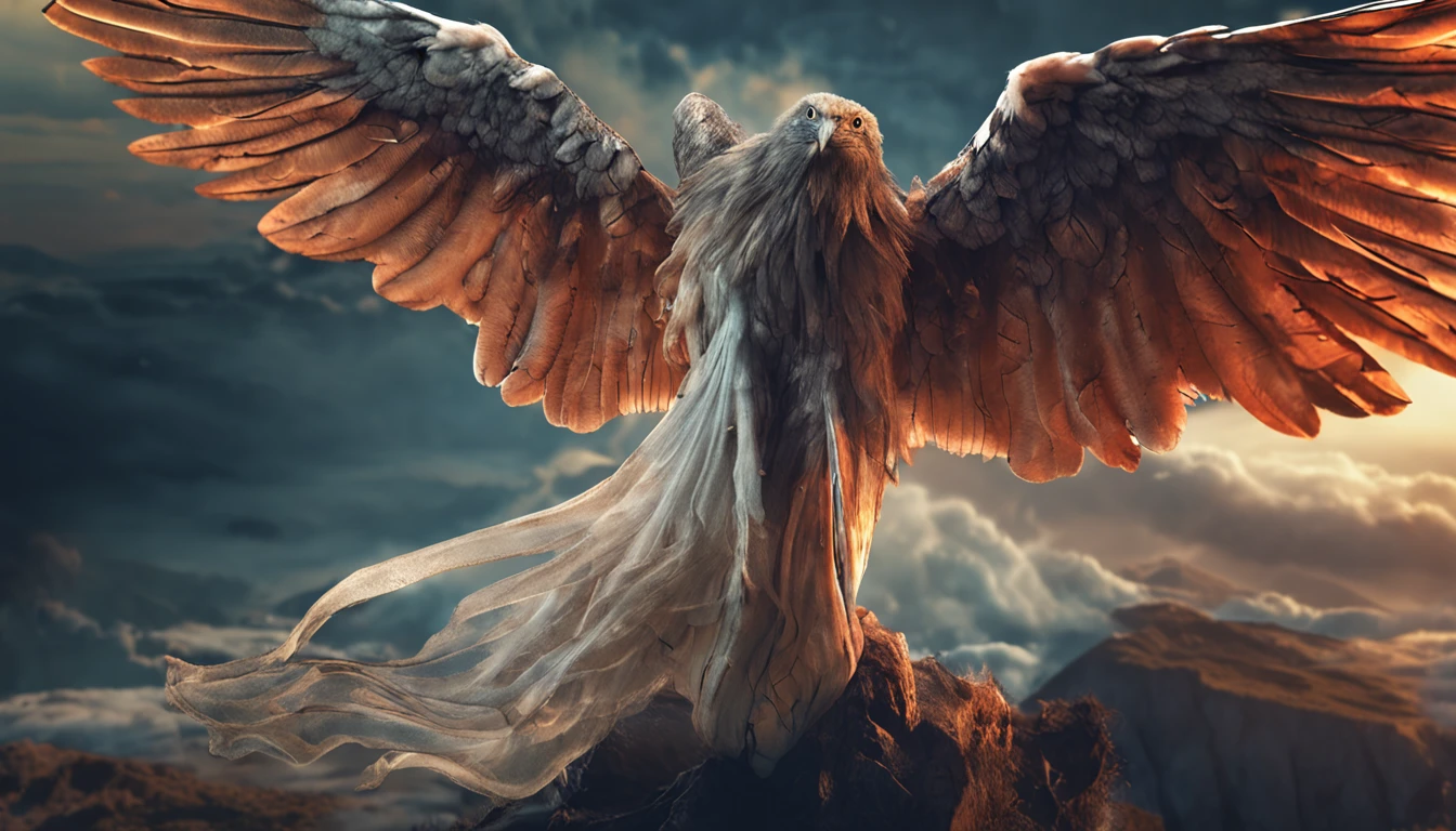 best quality, master part, ultra-highresolution, (fotografia realista:1.4), surrealismo, Semelhante a um sonho,FusionArt, imagem celestial, anjo com asas abertas