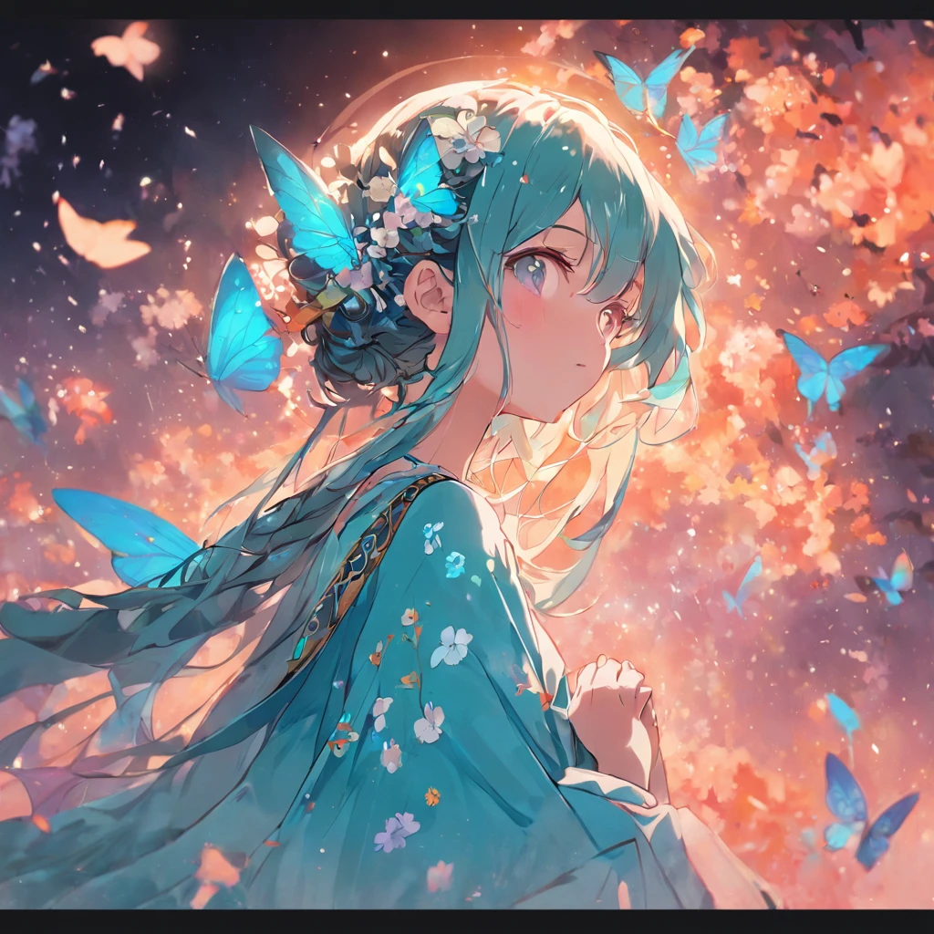 a girl in saree, flower on her hair, sky is blue and butterfly