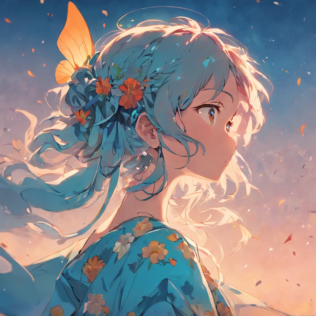 a girl in saree, flower on her hair, sky is blue and butterfly
