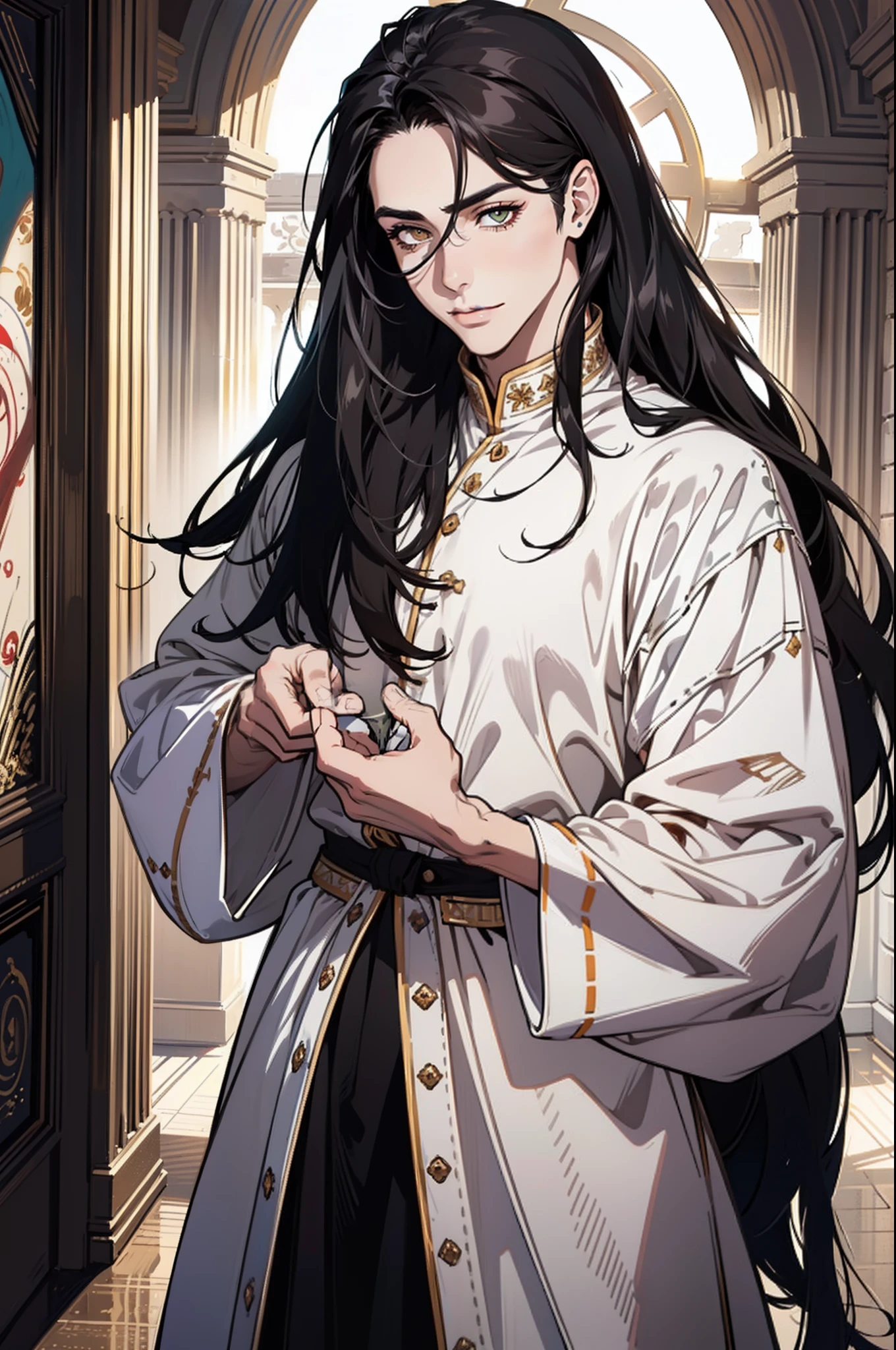 1 male with unique and attractive features, bright white skin, long and black hair that falls over his shoulders, ((big eyes, bright eyes, dark brown eyes, and these eyes carry a mysterious luster and hidden tale)). ((He has a warm and attractive smile that gives his face a touch of charm and attractiveness)), ((Wearing strange and unique clothes, reflecting an artistic and innovative character)), 8k, high quilty, realistic, beautiful realistic, Cool details, raw photo, realistic clothing, long hair, black hair, realistic hair, Light and cool lighting, photo realistic, Cel shaded, Gel lighting, ultra details