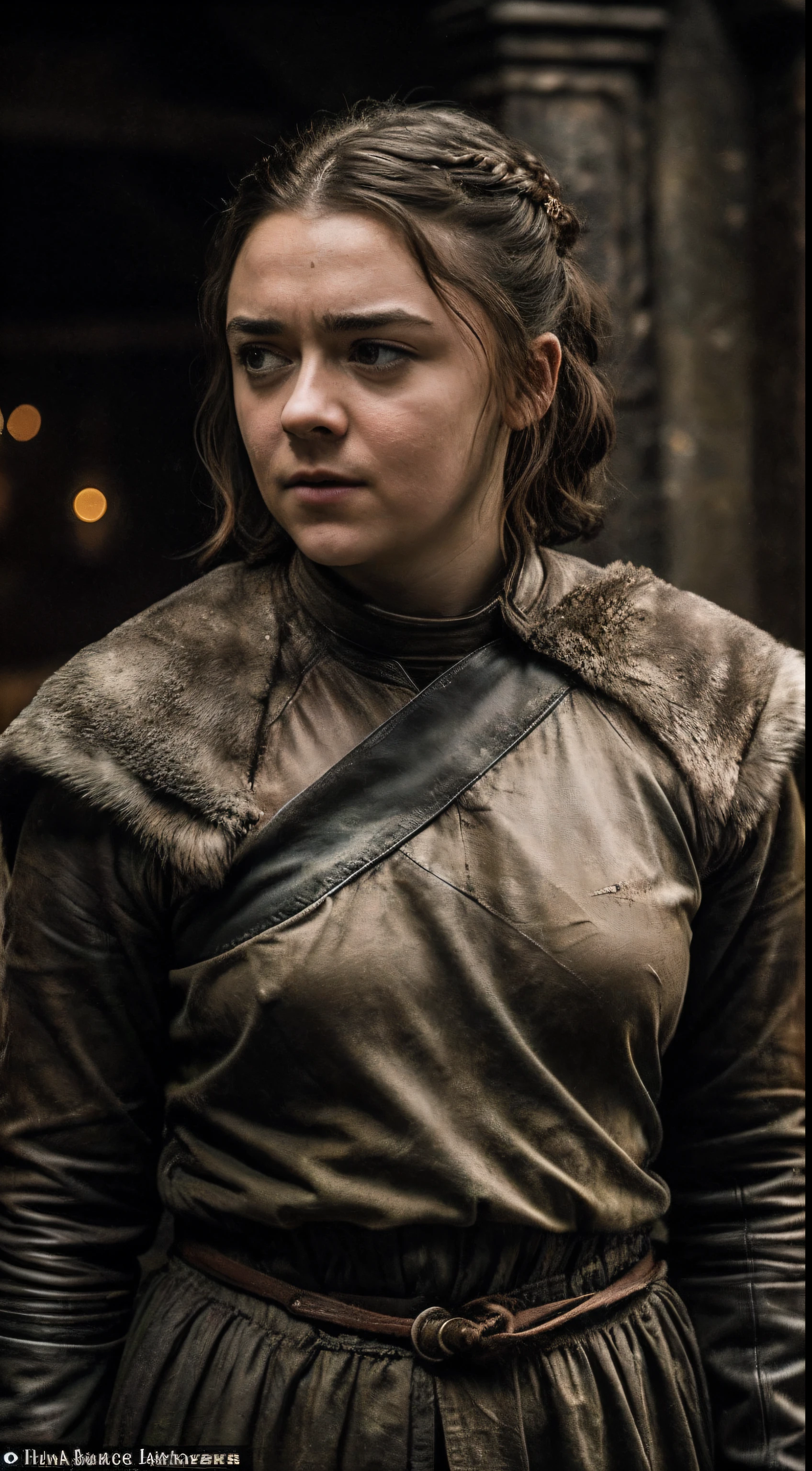 Foto RAW, Arya Stark PLAYED BY MAISIE WILLIAMS, 40 years old Woman, perky breast, big natural breast, erotic costumes, Game of thrones costumes, revealing captivating figure, Mediaeval costumes, revealing clothes, A tomboy, she would rather fence than dance. Her direwolf is named Nymeria, after a warrior queen , Game of Thrones Series, (pele altamente detalhada: 1.2), 8k UHD, DSLR, soft-lighting, alta qualidade, grain of film, Fujifilm XT3