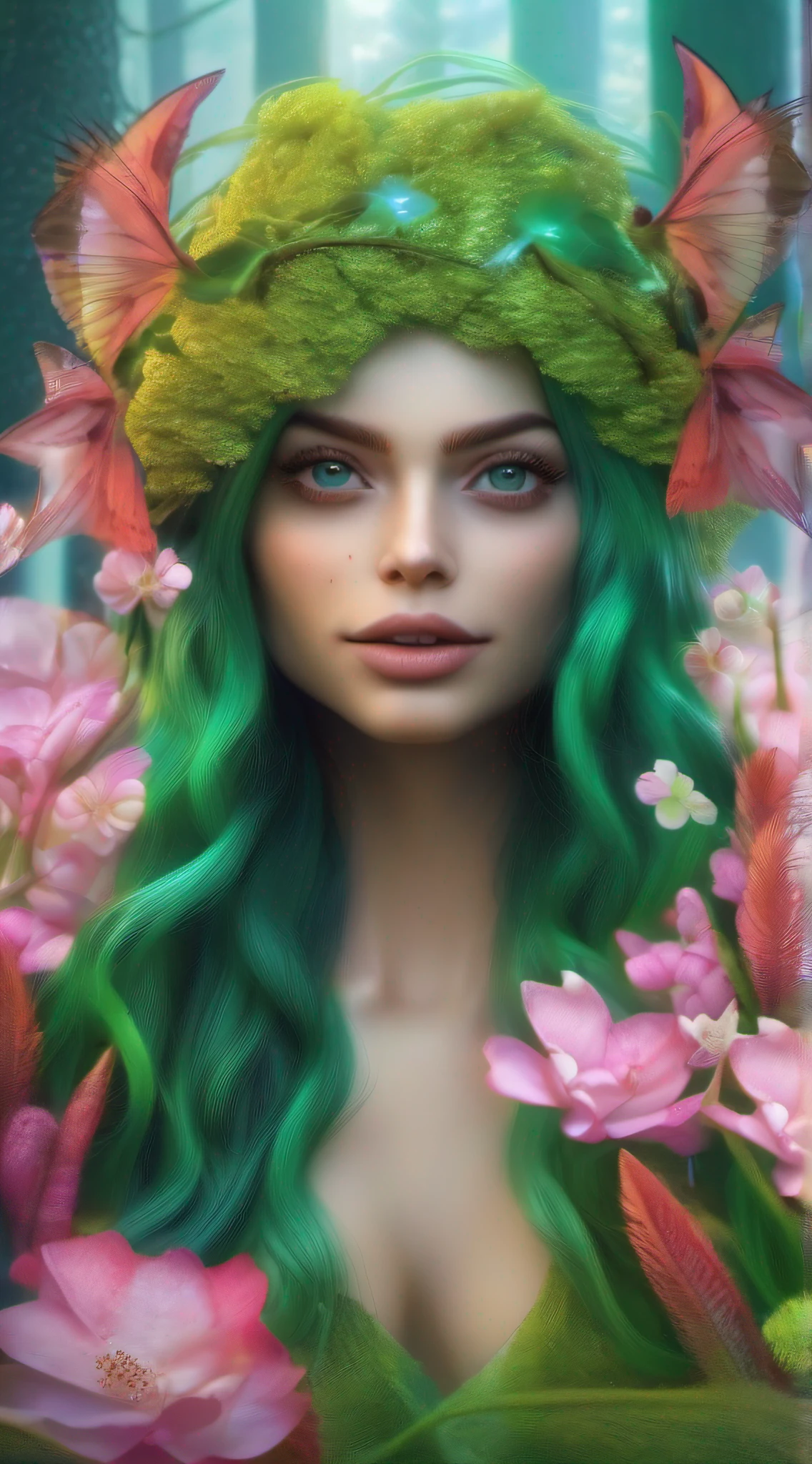 Uma obra-prima de um elfo sexy com longos cabelos azuis, olhos verdes, um corpo sedutor, com pernas bonitas, ao fundo, uma floresta de cores vivas com pequenos elfos e fadas voando ao redor;, hyper realistic, 8k