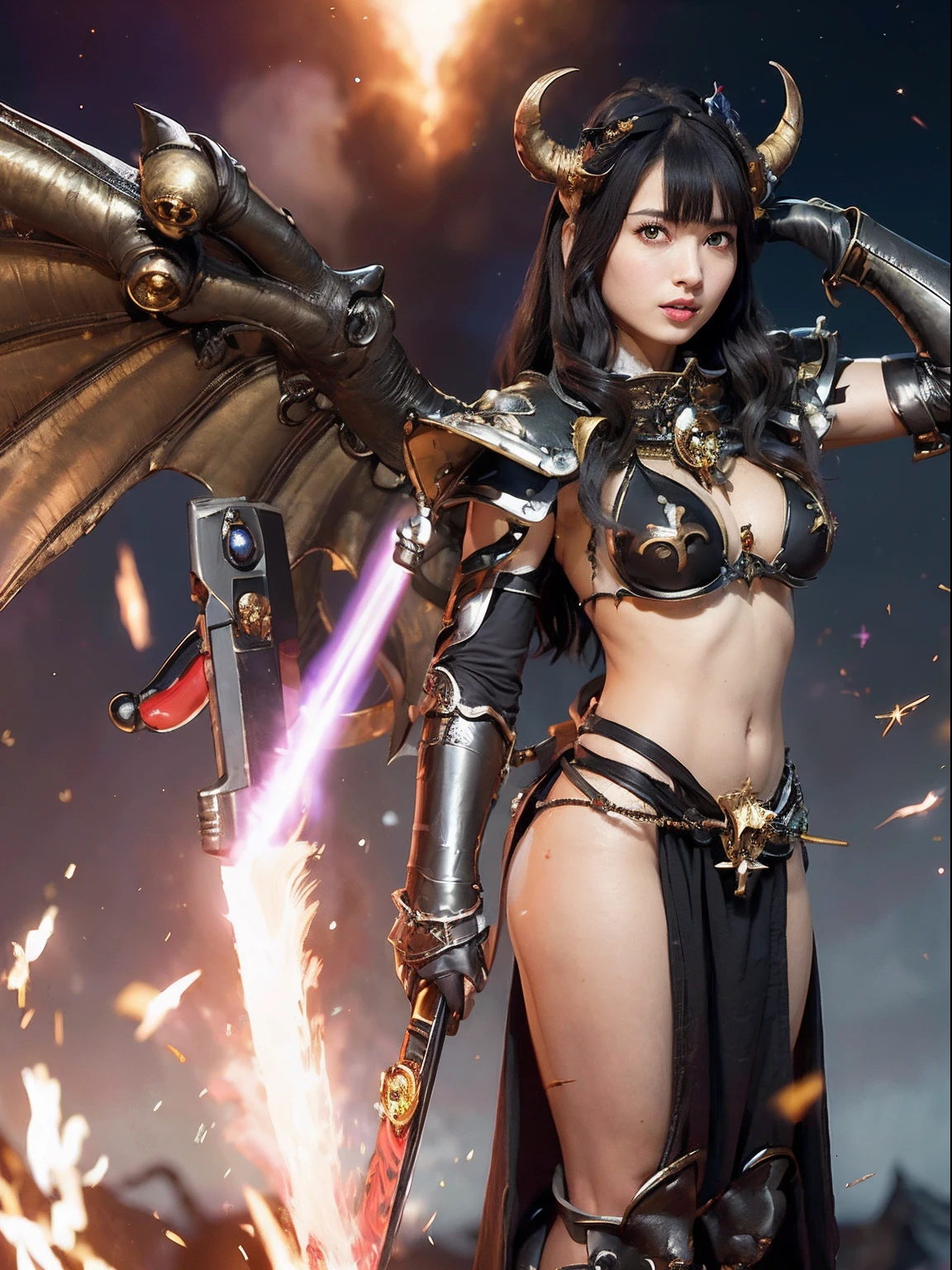 Professional , masterpiece、top-quality、photos realistic , depth of fields 、(A dark-haired) 、(Gemstone White Metal Body:1.4),(Matte Black、Jewel Gold Weapon、(maikurobikini),Gorgeous metal weapons ,Particles of light、(Fight dragons)、(Black wings)、(( Detailed and gorgeous sword of the brave)) ,Light Effects、intense fighting、Wind-effect、magic circles、 (A dark-haired) ,warhammer 40k ,Detail and ornate jewel crown、With the legendary magic wand、Dragon's tail、explosions、((maikurobikini))、((Gangle's forest background))、Beautiful Caucasian beauty、1a person、dynamic ungle,(((Details of the two demon horns on the head)))、Smaller head、A smile、Background inside the castle、Thin and beautiful female hands、cleavage of the breast、Soldier in iron armor on background、Mystical expression、Light Effects、Wind-effect、With the legendary magic wand、(wingspan)、Toostock、Anatomically correct body、