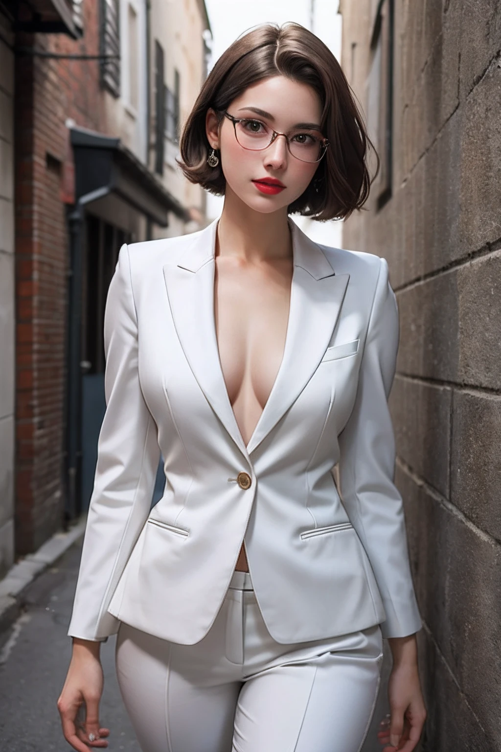 ((Best quality)), ((masterpiece)), ((realistic)), (hyperrealism:1.2), A photo ((portrait)) of a young, nerdy woman standing in a back alley, looking at the viewer. short hair, slender, red lips, flirting with the camera.Wearing a tight sexy white suit, open front, ((detailed face))