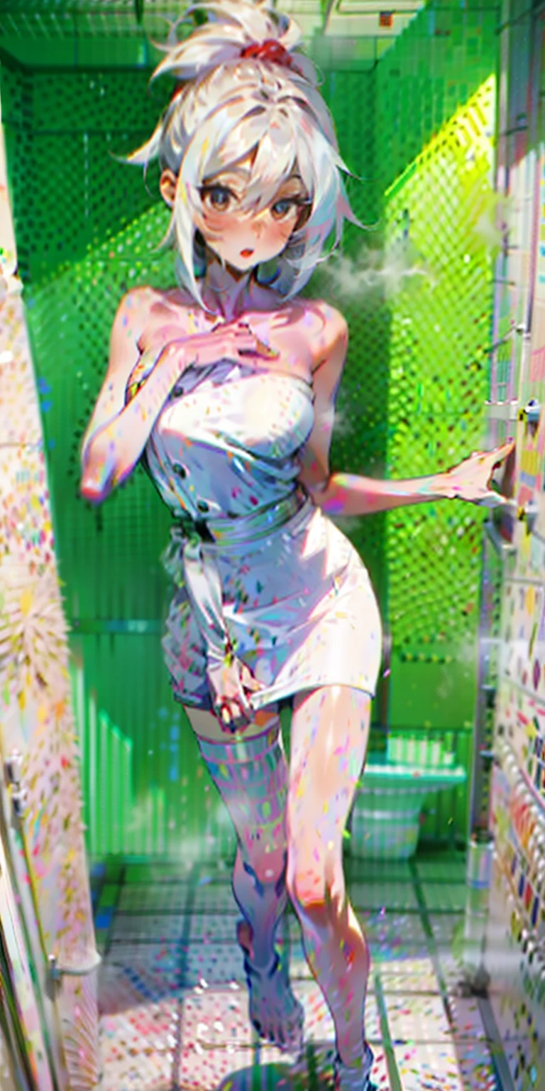 Big-breasted beauty Wrapped in a towel The towel is about to fall out Walk out of the bathroom Mist gushes from behind her White skin White long legs Expression is shy Movements twist and pinch Hold the towel tightly with your hand