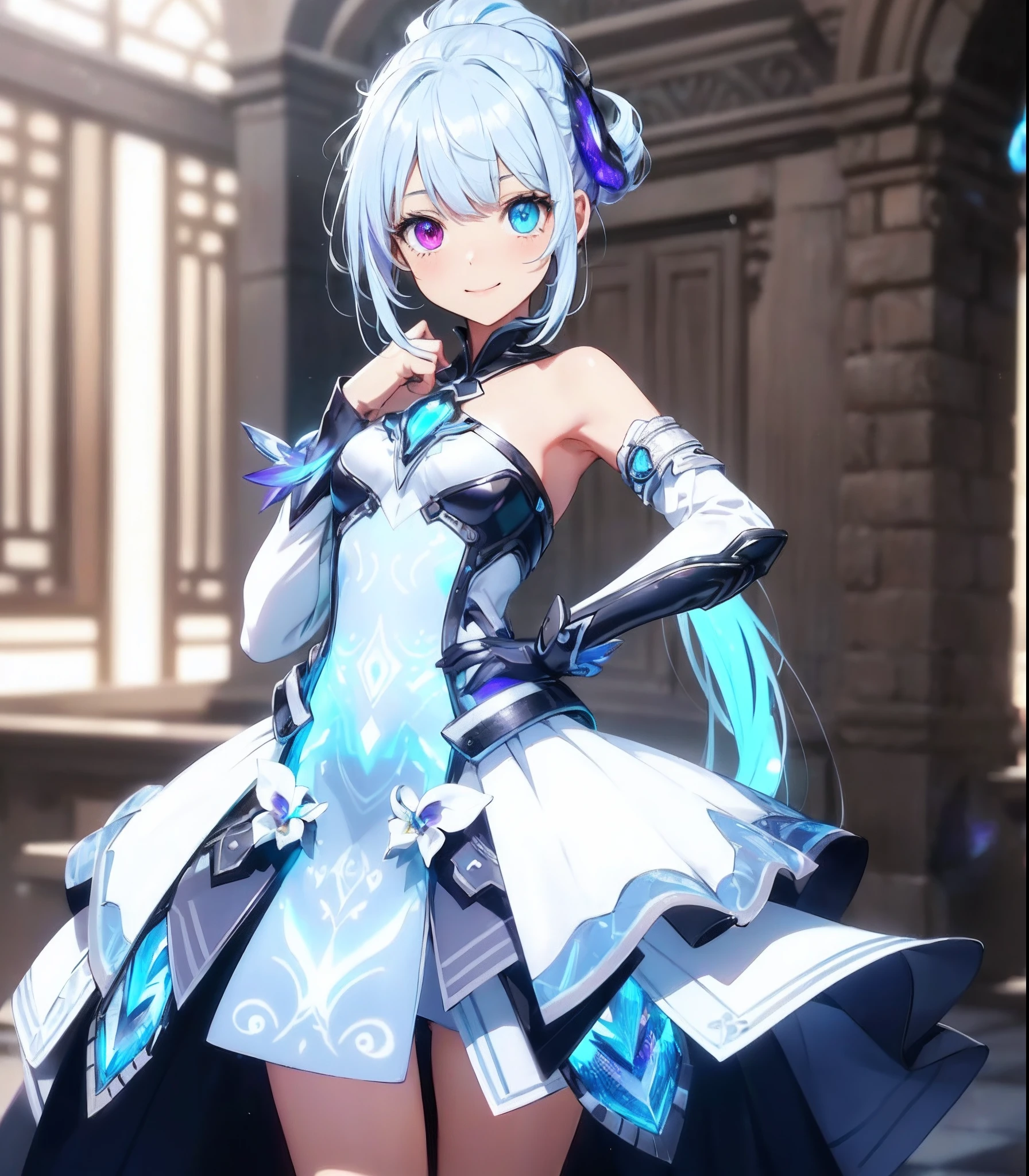 top-quality, Photorealsitic, ultra-detailliert, Delicate, orderly, high detailing,, 10 years old, Embarrassing, Smile, slender, Cowboy Shot, Blurred background, (Girl in 1: 1.4), Dynamic Angle, (bioluminous hair, Glowing eyes: 1.2), Ambient Occlusion, ambient lights, ray tracing reflection, Glow, glowing aura, Glowing hair,bluish-silver ponytail, (Drooping heterochromia iris:1.3),