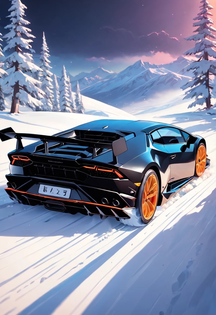 matt black lamborghini huracan evo skiing from a snowy mountain