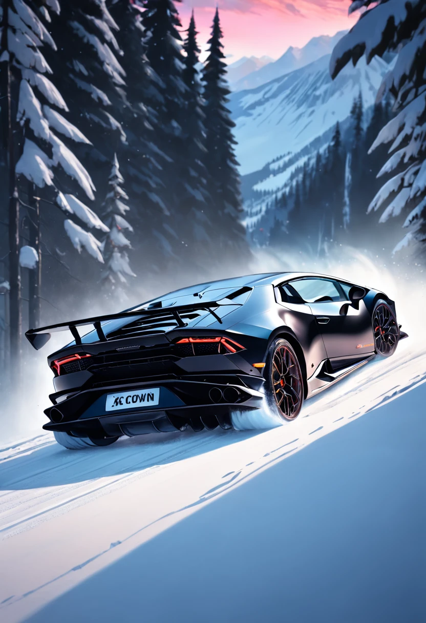 matt black lamborghini huracan evo skiing from a snowy mountain