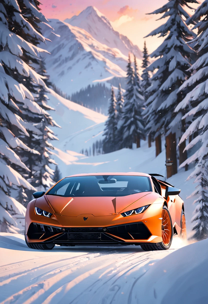 matt black lamborghini huracan evo skiing from a snowy mountain