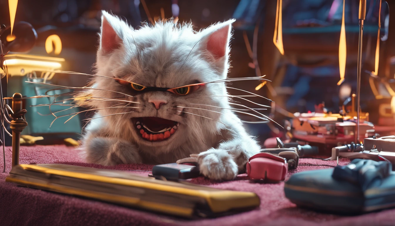 A cat with a sinister face is performing a puppet show, its nimble paws manipulating the puppet's control wires, front view.