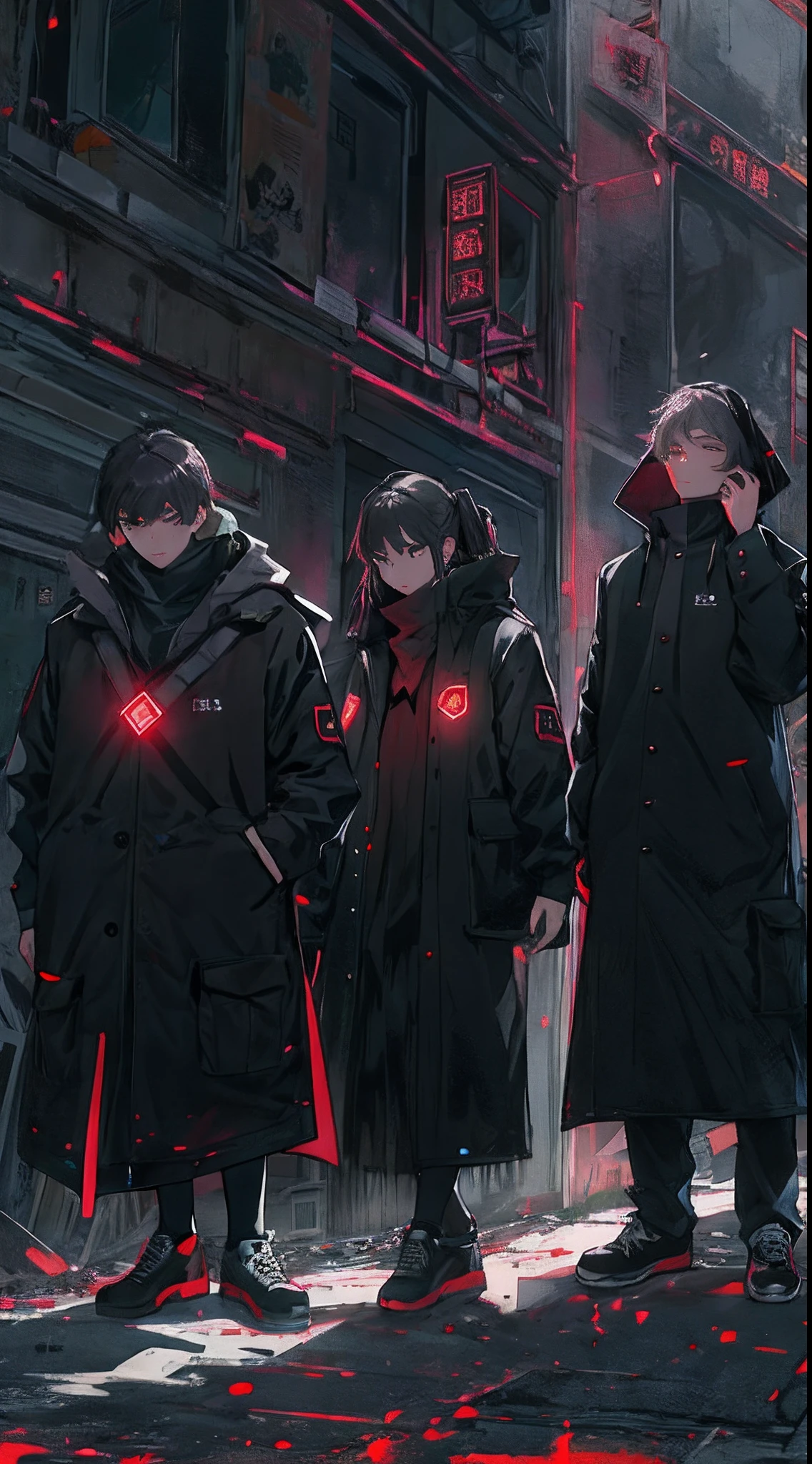 A group of people wearing black clothes gathered together, hiding in the shadow of an abandoned building, facing the distant blinking red alarm lights. They have determined and resolute expressions, as if they have become accustomed to a life of being closely monitored, ,in the style of the stars art group xing xing, 32k, best quality, masterpiece, super detail, high details