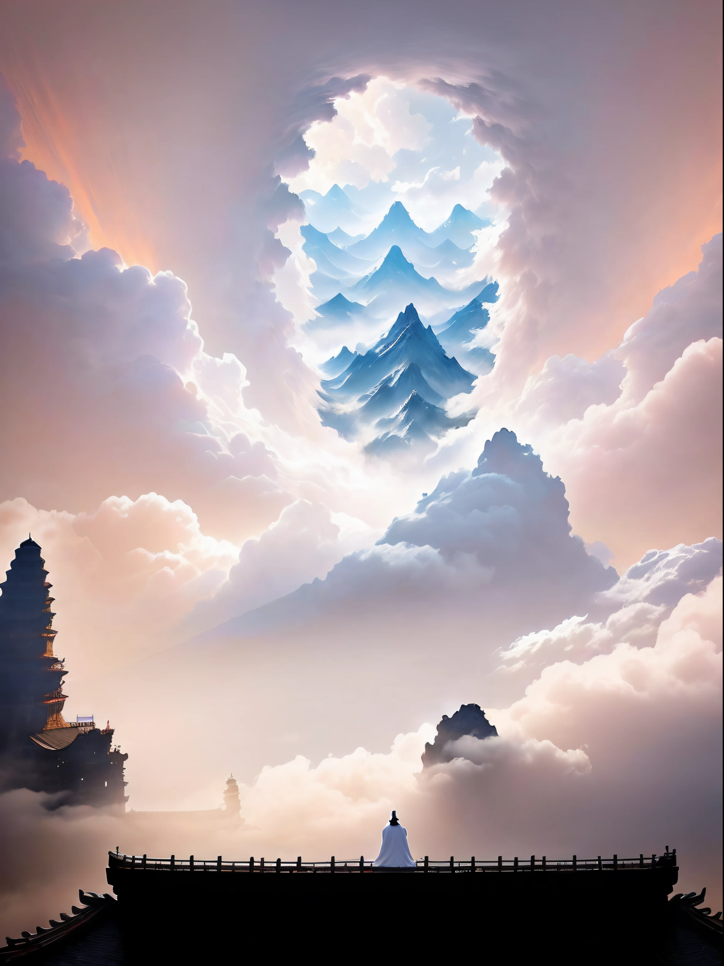 Big and small nine giants,Wearing an ancient Chinese white robe,Unable to see the skin color clearly,Clouds swirled around them,Next to overlapping mountains。The back of a much smaller female cultivator stood in the air。