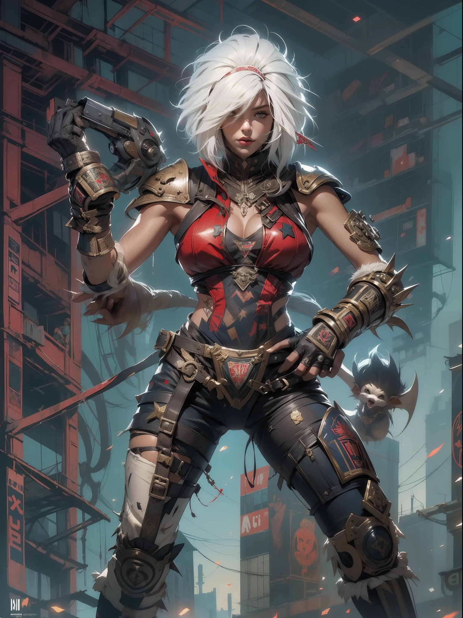 (((mulher))), (((melhor qualidade))), (((obra prima))), (((adulto))), (((1girl))), ((( corte de cabelo bob ))), ((( bonnet ))), Uma gladiadora cyberpunk mulher de 25 anos com corpo perfeito, shoulder pads with metal spines, Gladiadores do Brooklyn, (( corte de cabelo bob )), tiny leather panties, camiseta de time de rugby rasgada, quase nua no estilo selvagem urbano de Simon Bisley para a capa da revista Heavy Metal, Cabelo loiro curto, Minimum clothing, Metal protection on the left arm with intricate graphics, Dark red with white stars and white and navy blue checkerboard pattern, armadura, cheio de pontas e rebites, (((do joelho pra cima))), cabelos loiro branco curto, no fundo uma parede pintada por Shepard Fairey com um design intrincado