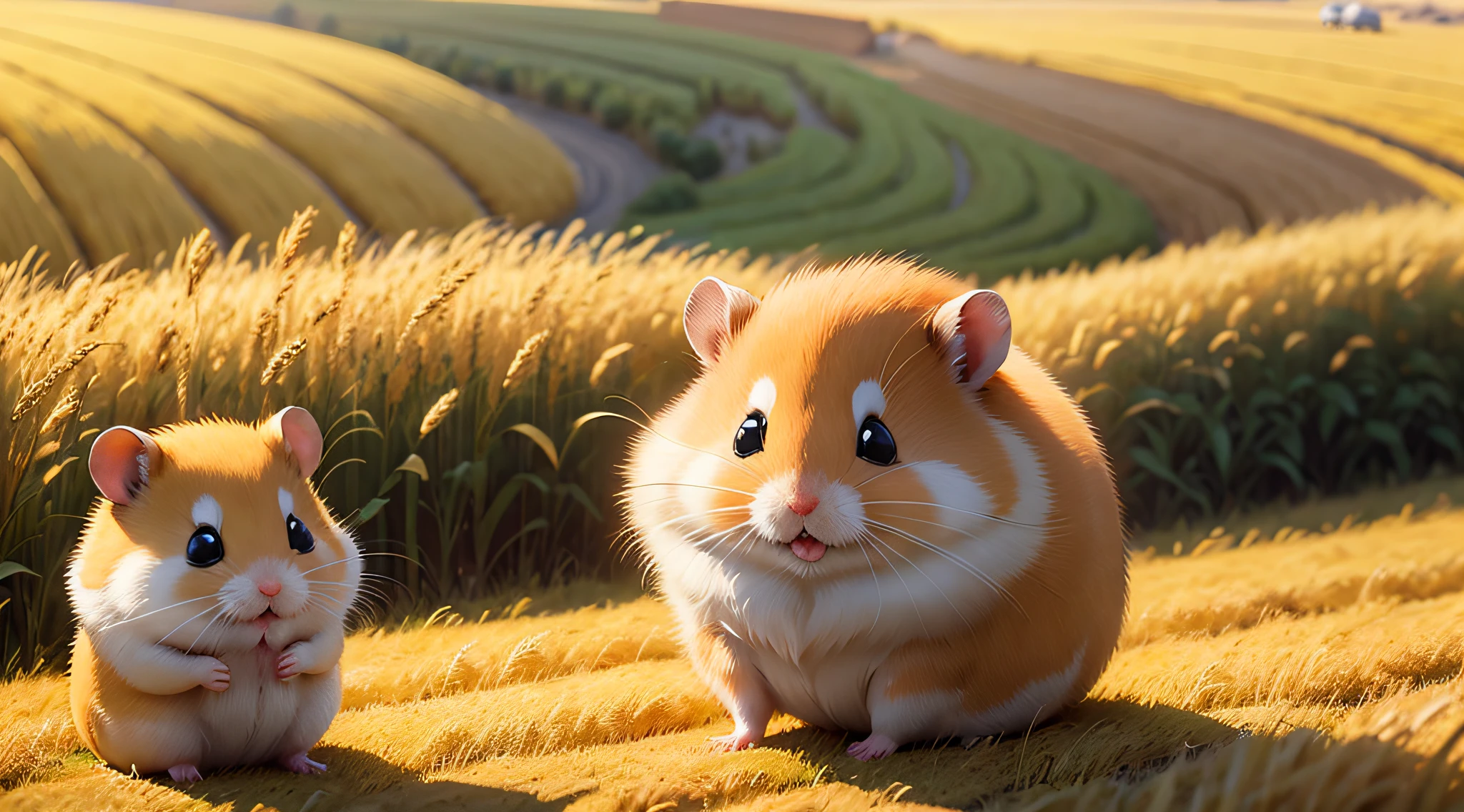 hamster，happy with life，Golden wheat fields，Work together，in style of hayao miyazaki