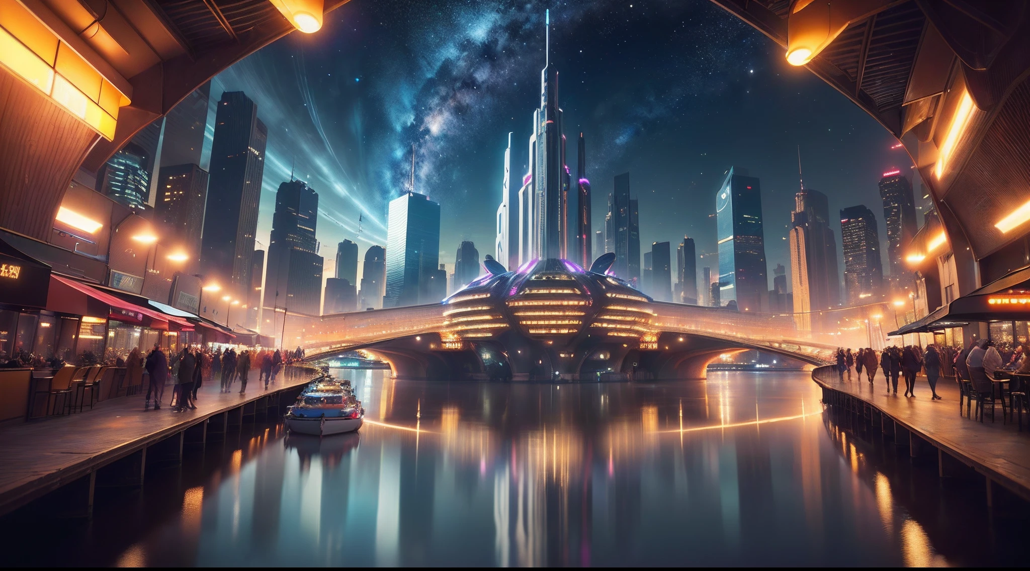 amazing space city floating in outer space. The city is made up of futuristic buildings with intricate and innovative engineering design, glowing with sparkling neon colors. network of high-tech tunnels and bridges connects the different buildings together. There are spaceships flying in the sky, glowing in a variety of colors and leaving shiny trails in their wake. The city has unique shops, restaurants and entertainment centers, where people from different planets gather to enjoy a unique and exciting experience, ((in the night)), 8k, high quilty, realistic, beautiful realistic, Cool details, raw photo, Light and cool lighting, photo realistic, Cel shaded, Gel lighting, ultra details, 3d realistic