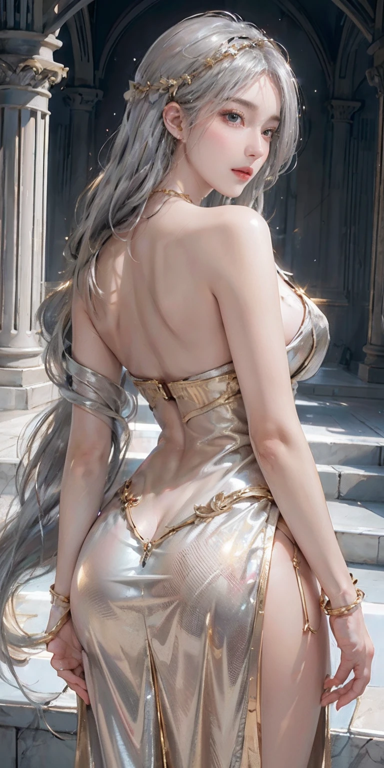 Photorealistic, high resolution, Soft light,1womanl, Solo, Hips up, shiny skins, (Detailed face), jewelry, (((gold, Silver, glimmer)), faeries), limited palette, Contrast, phenomenal aesthetics, Best quality, sumptuous artwork, Elegant dress, Blonde hair, Back view