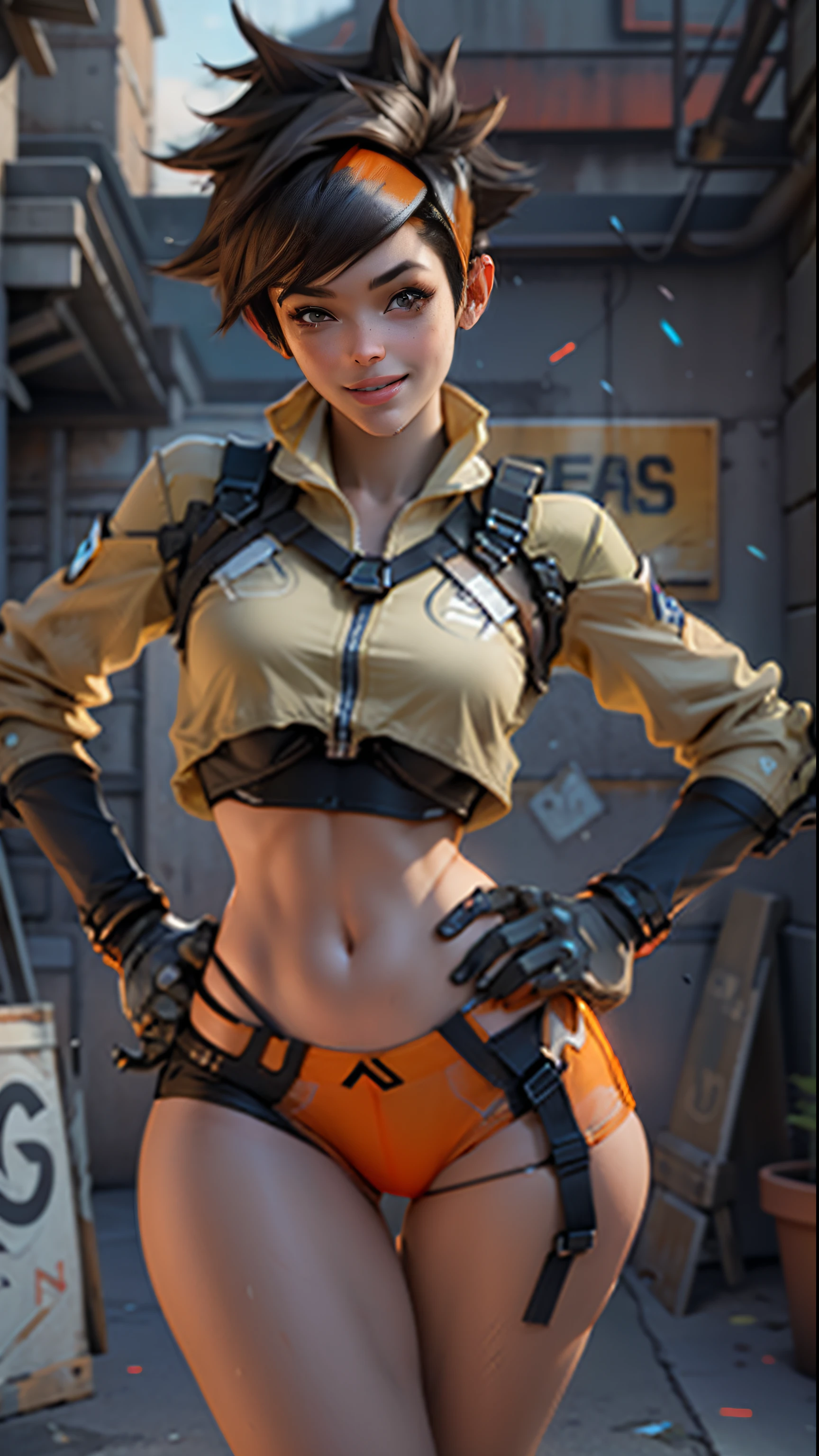 Tracer du jeux video Overwatch, Beau sourire de femme cool, transparent underwear, Cybernetic prosthesis, gros seins, court haut orange, Grosse arme,