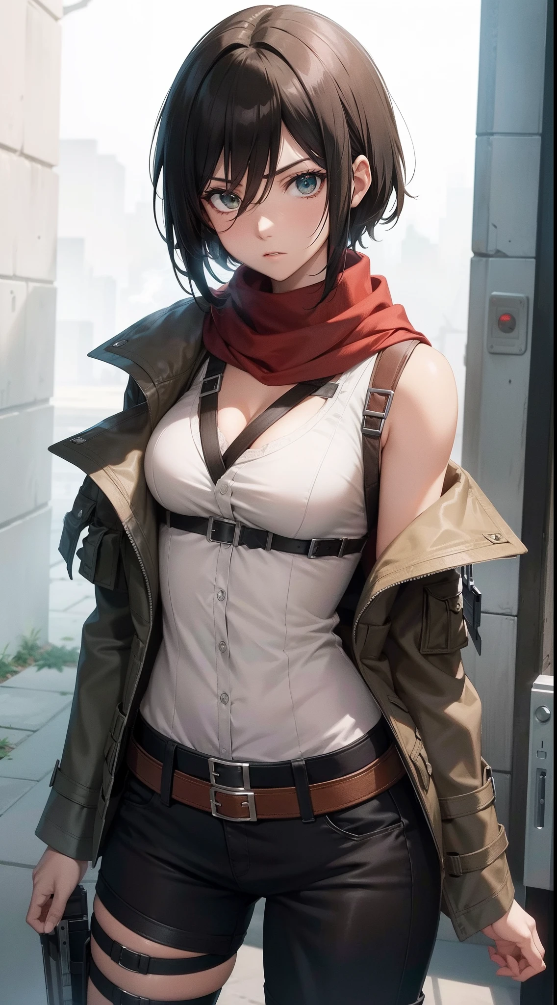 aot style, shingeki no kyojin,
mikasa ackerman,cleavage,Off-the-shoulder attire
1girl, arm strap, bangs, black hair, black pants, breasts, cowboy shot, embers, green eyes, grey background, hair between eyes, harness, long sleeves, looking at viewer, medium breasts, pants, red scarf, scarf, shirt, short hair, smoke, solo, thigh strap, brown jacket, white shirt, survey corps \(emblem\)
, ((masterpiece)), best quality, 8k, high quality
,