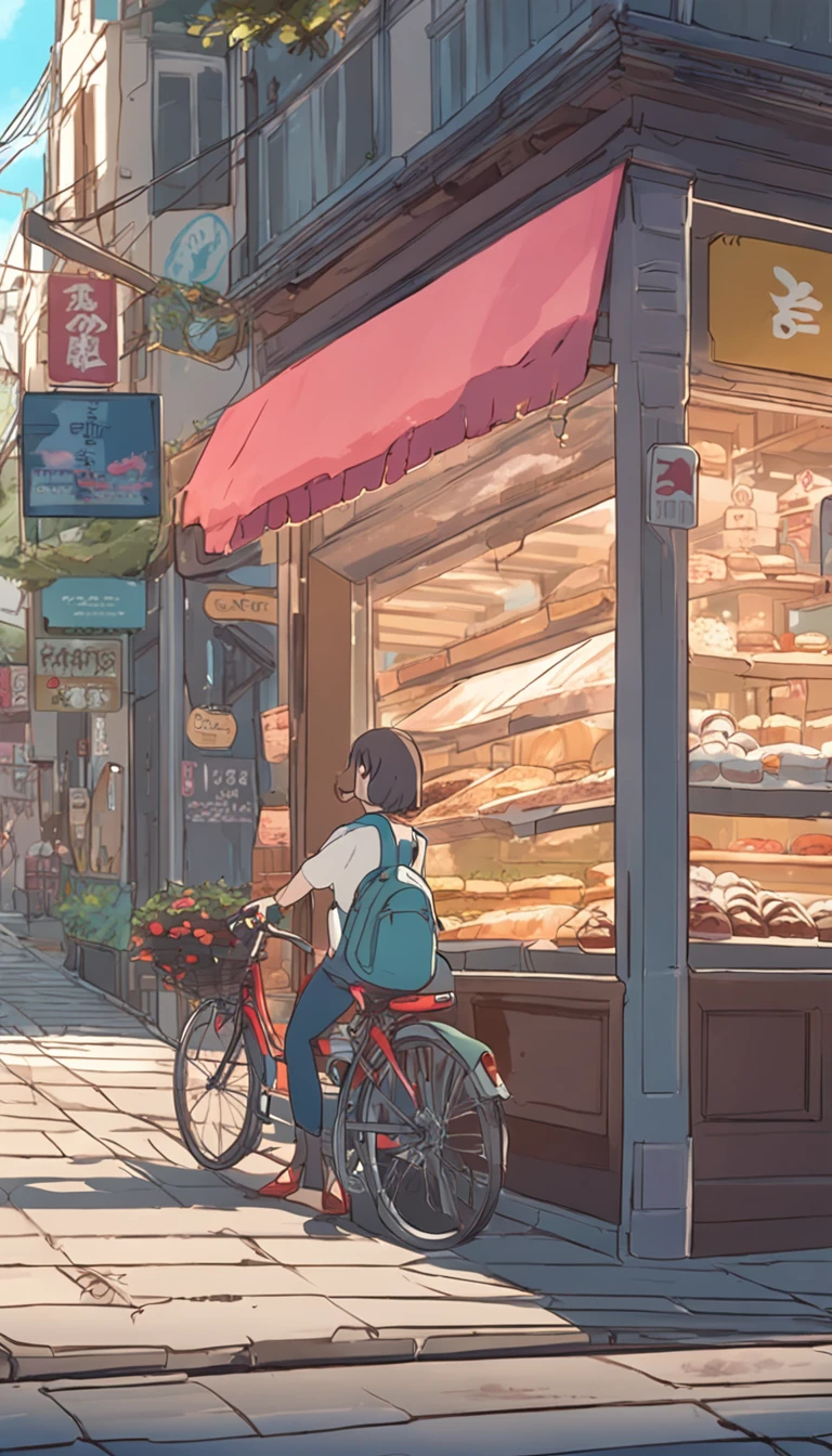 Anime - City street style scene, a woman waiting in front of a store, anime background art, detailed scenery - width 672, anime landscape concept art, anime style cityscape, Studio Ghibli anime style, Studio Ghibli art style, Studio Ghibli program, anime landscape, Studio Ghibli art style, Landscape artwork, Beautiful anime landscape, Forest city street, Ghibli art style, cake shop, cake shop, bakery cake shop, Makoto Shinkai style, Makoto Shinkai anime, Shinkai Makoto art style