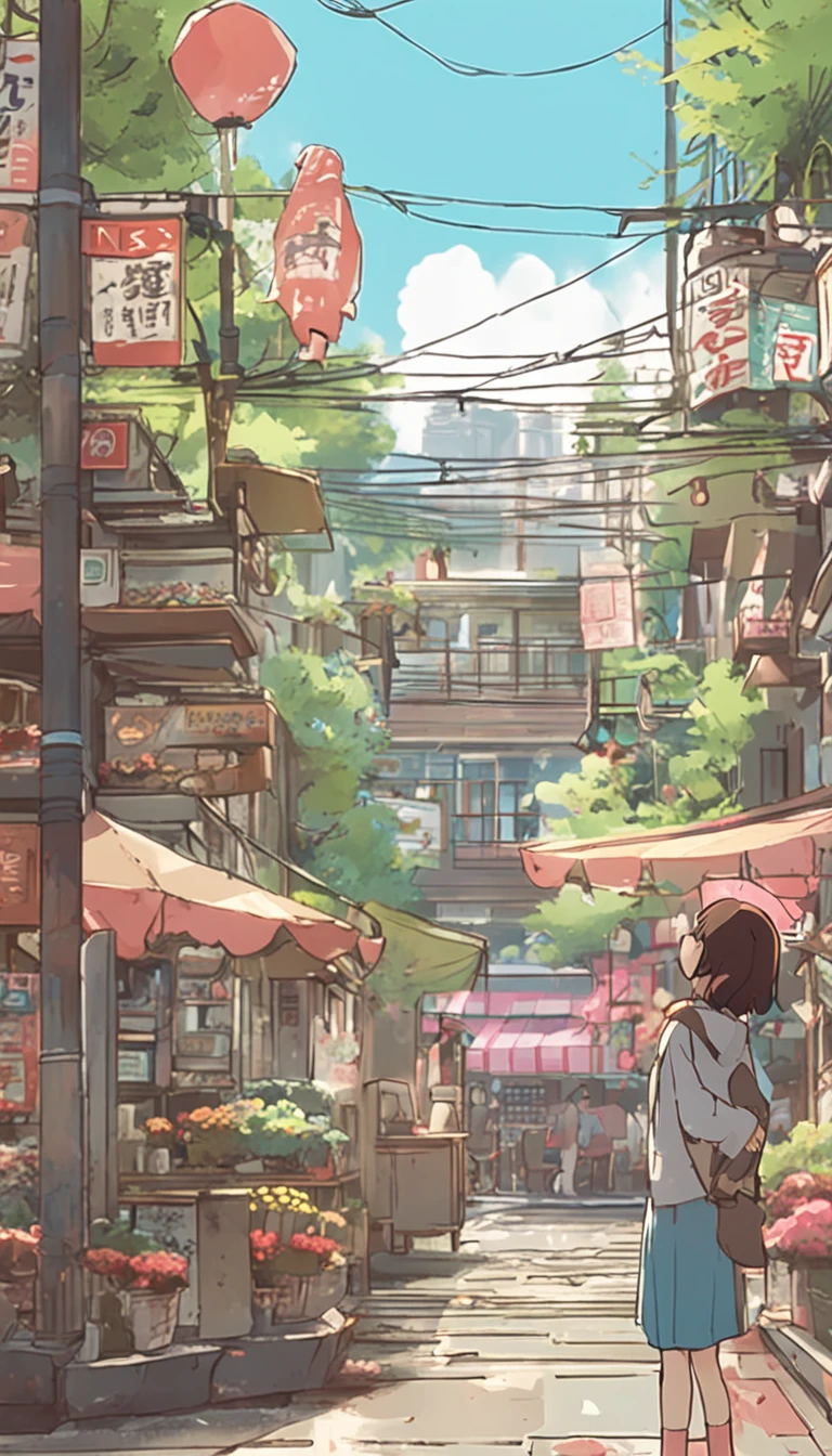 Anime - City street style scene, a woman waiting in front of a store, anime background art, detailed scenery - width 672, anime landscape concept art, anime style cityscape, Studio Ghibli anime style, Studio Ghibli art style, Studio Ghibli program, anime landscape, Studio Ghibli art style, Landscape artwork, Beautiful anime landscape, Forest city street, Ghibli art style, cake shop, cake shop, bakery cake shop, Makoto Shinkai style, Makoto Shinkai anime, Shinkai Makoto art style